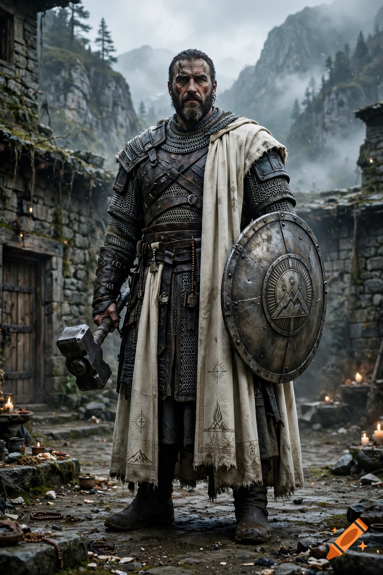Photorealistic image of a tall giant cleric in chainmail, wearing a white cloak, holding a warhammer and a shield in a medieval village.