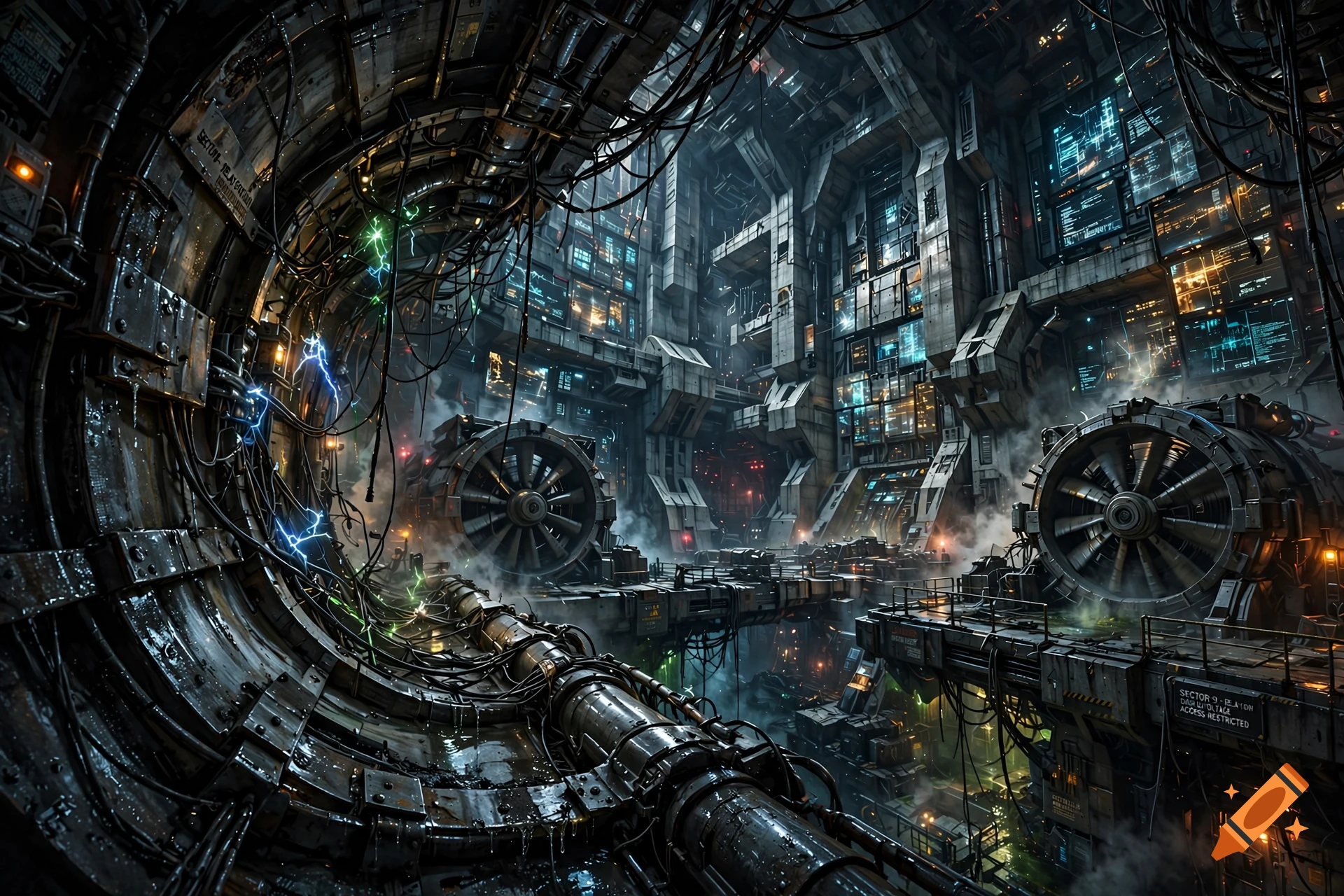 Detailed sci-fi interior of a brutalist industrial relay station with pipes, wiring, and large intake fans.