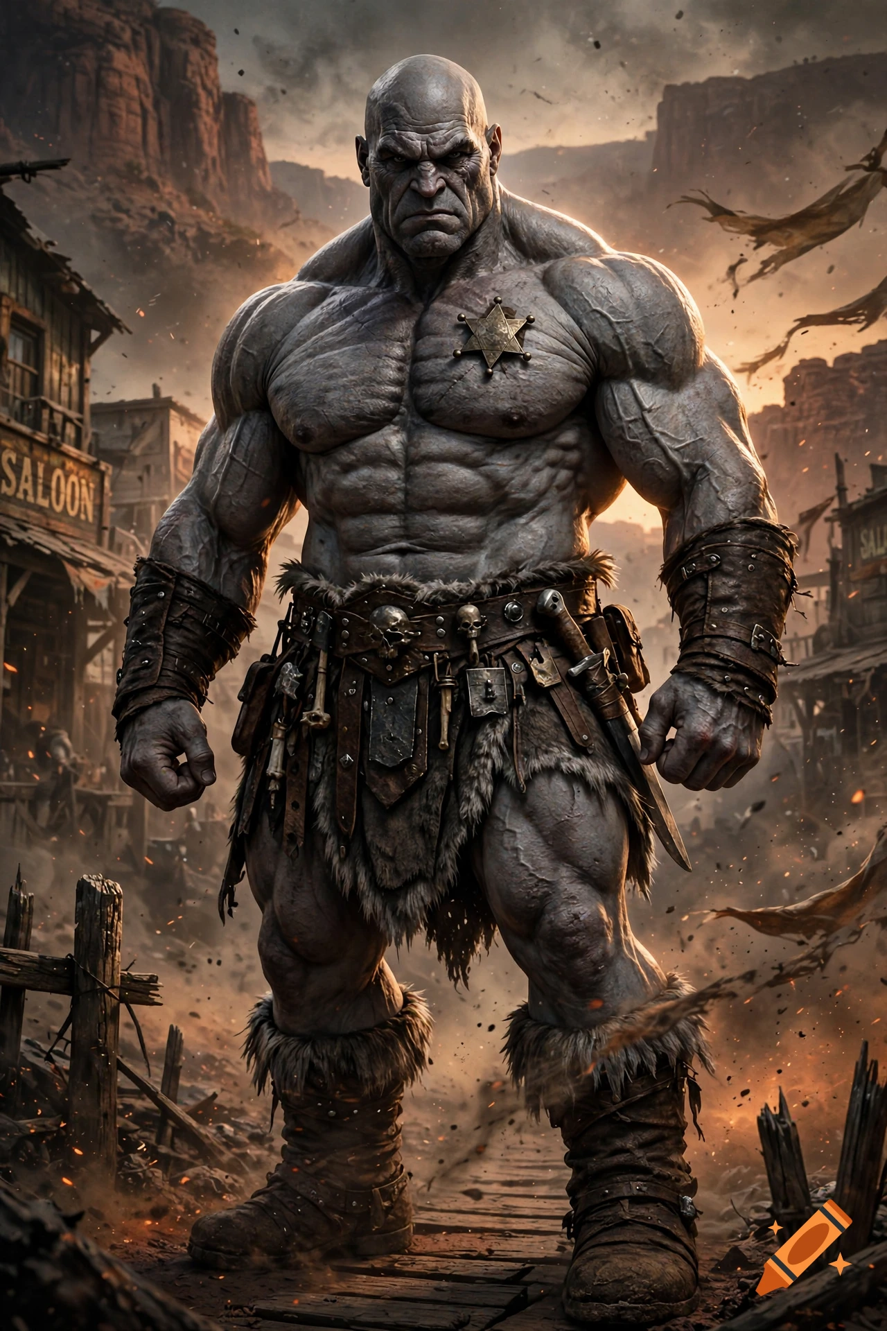 An 8-foot-tall bald gray-skinned barbarian with a sheriff star pinned to his bare chest standing in a western town, photorealistic style.