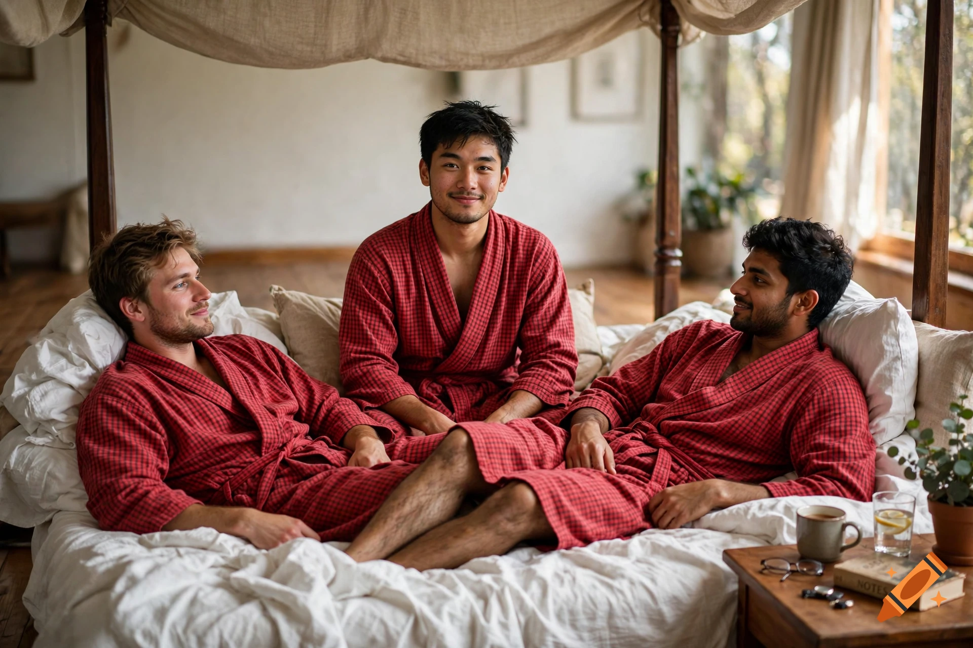 Photorealistic image of three young men in red plaid bathrobes relaxing on a four-poster bed.