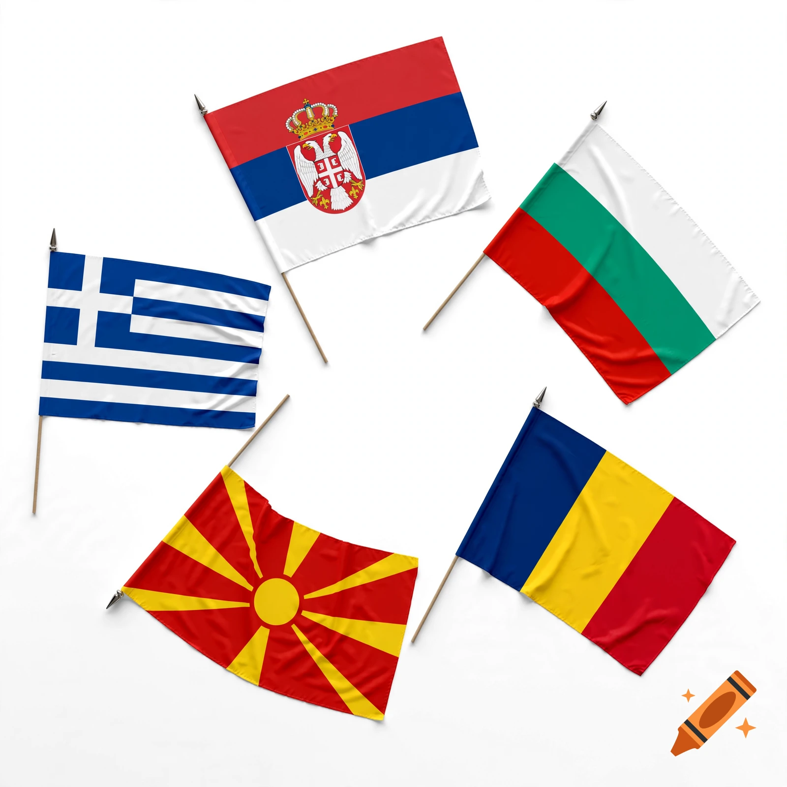 Five national flags of Serbia, Romania, Bulgaria, North Macedonia, and Greece arranged in a circular formation on a white background.