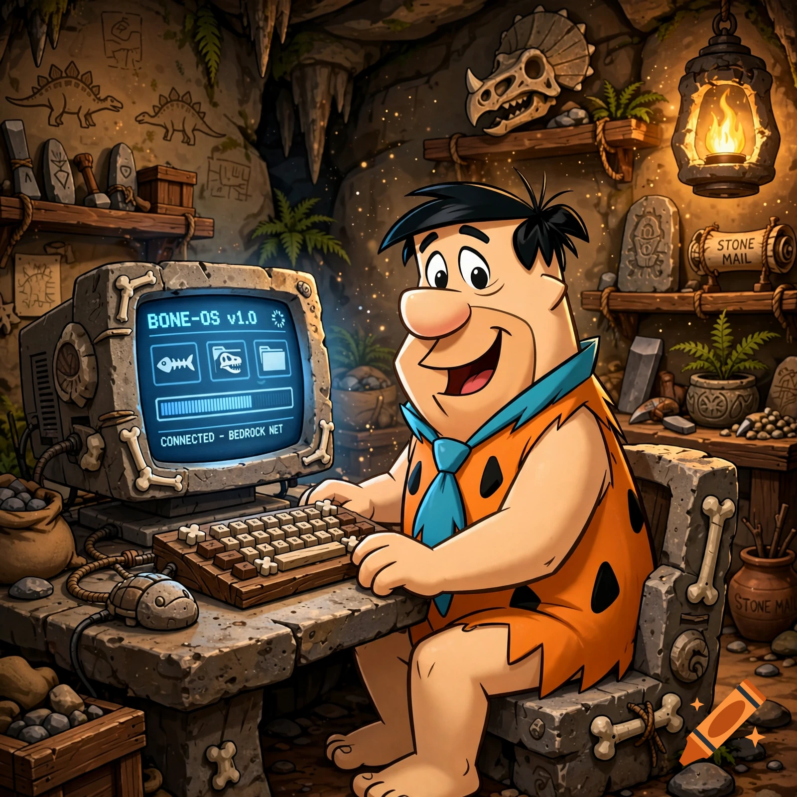 Fred Flintstone sitting at a prehistoric stone computer in a cave, digital art style.