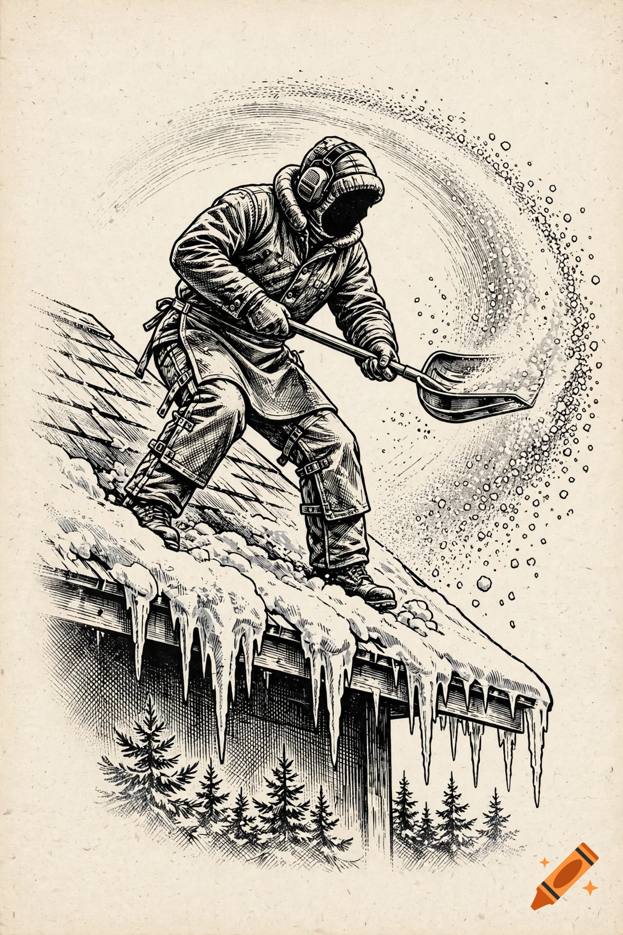 Vintage black and white woodcut illustration of a faceless worker shoveling snow from a steep cabin roof with icicles.