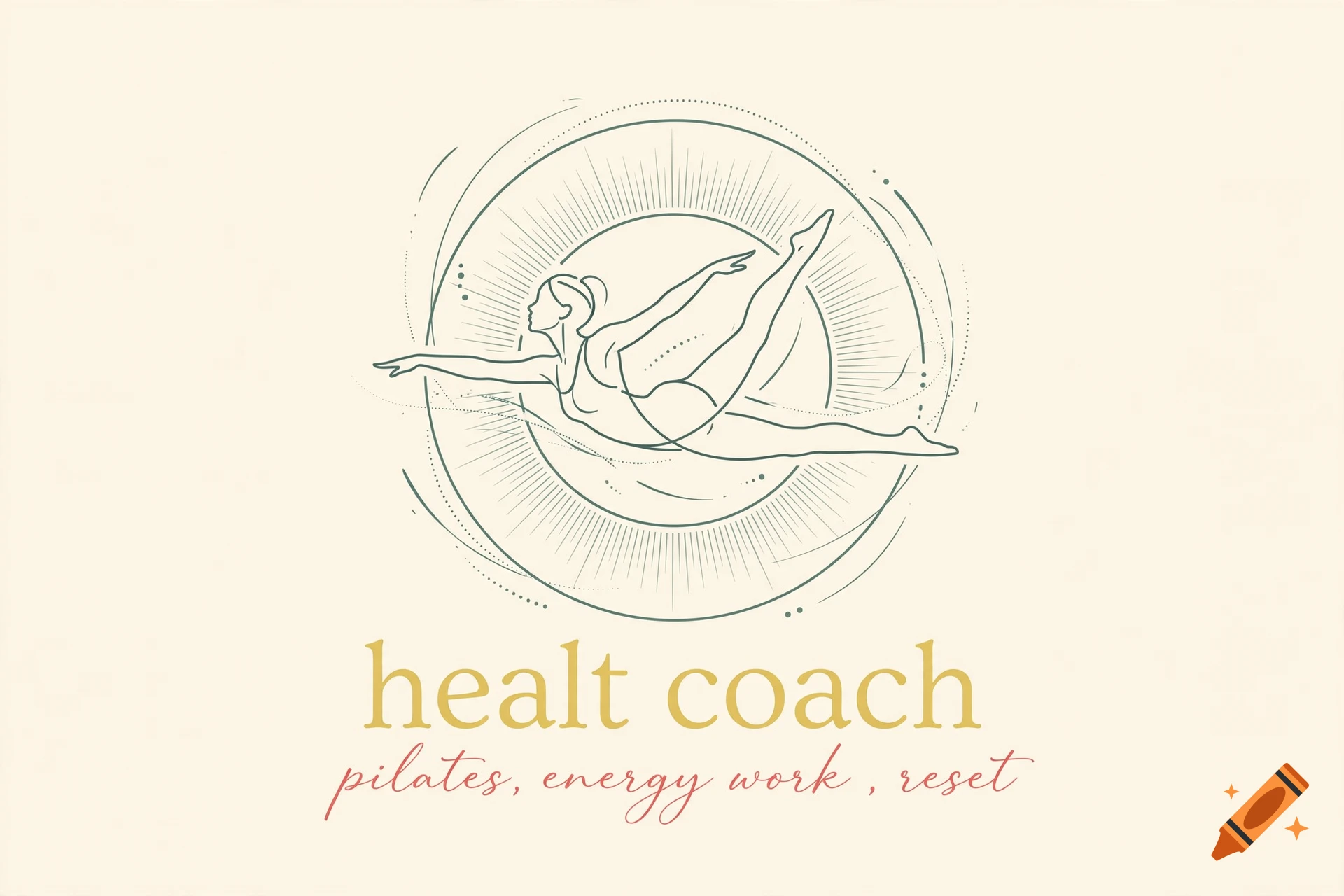 Minimalist line art logo of a woman doing pilates inside sun rays with the text 'healt coach pilates, energy work, reset'.