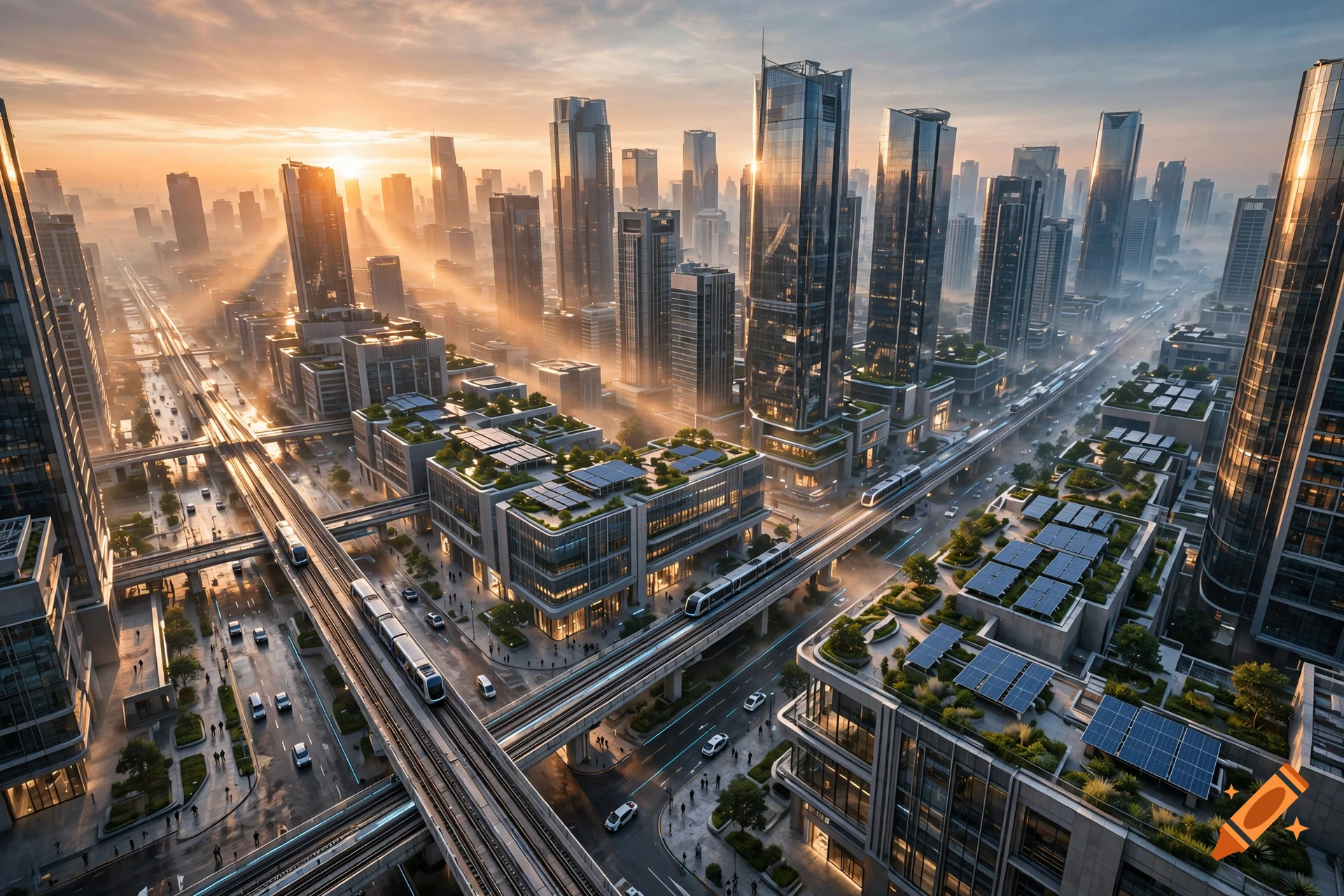 An aerial view of a futuristic cityscape at sunrise featuring sleek skyscrapers, elevated train tracks, and solar-paneled rooftops.
