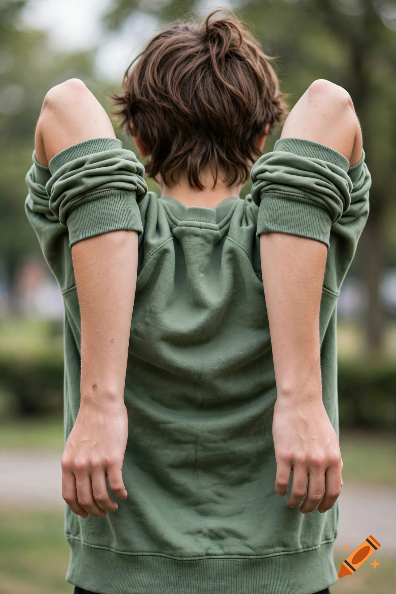 Photorealistic rear view of a teenager wearing a green sweatshirt with rolled-up sleeves, arms bent backwards.