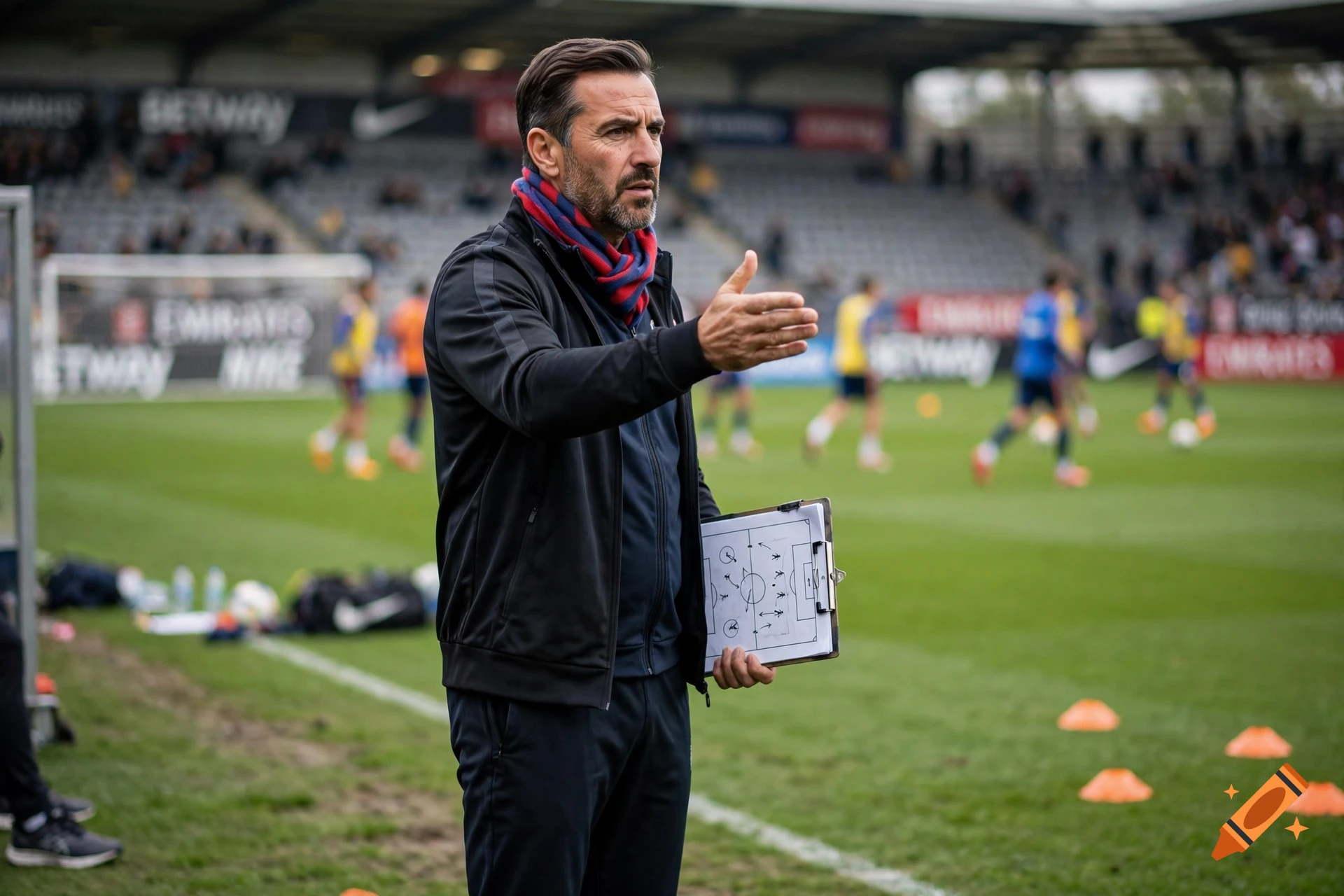 Photorealistic image of a male soccer coach standing on the sideline, gesturing and holding a tactical clipboard.