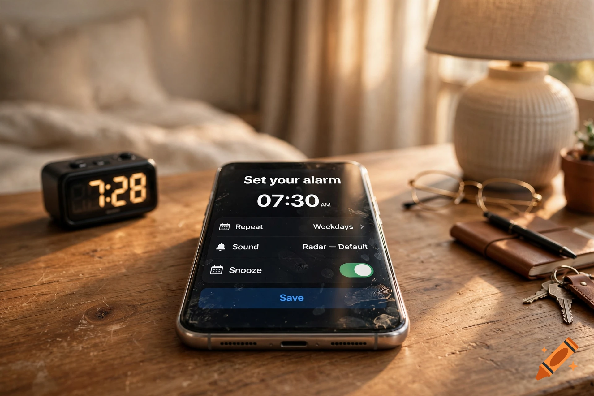 Close-up photorealistic shot of a smartphone displaying an alarm set to 07:30 AM on a wooden bedside table.