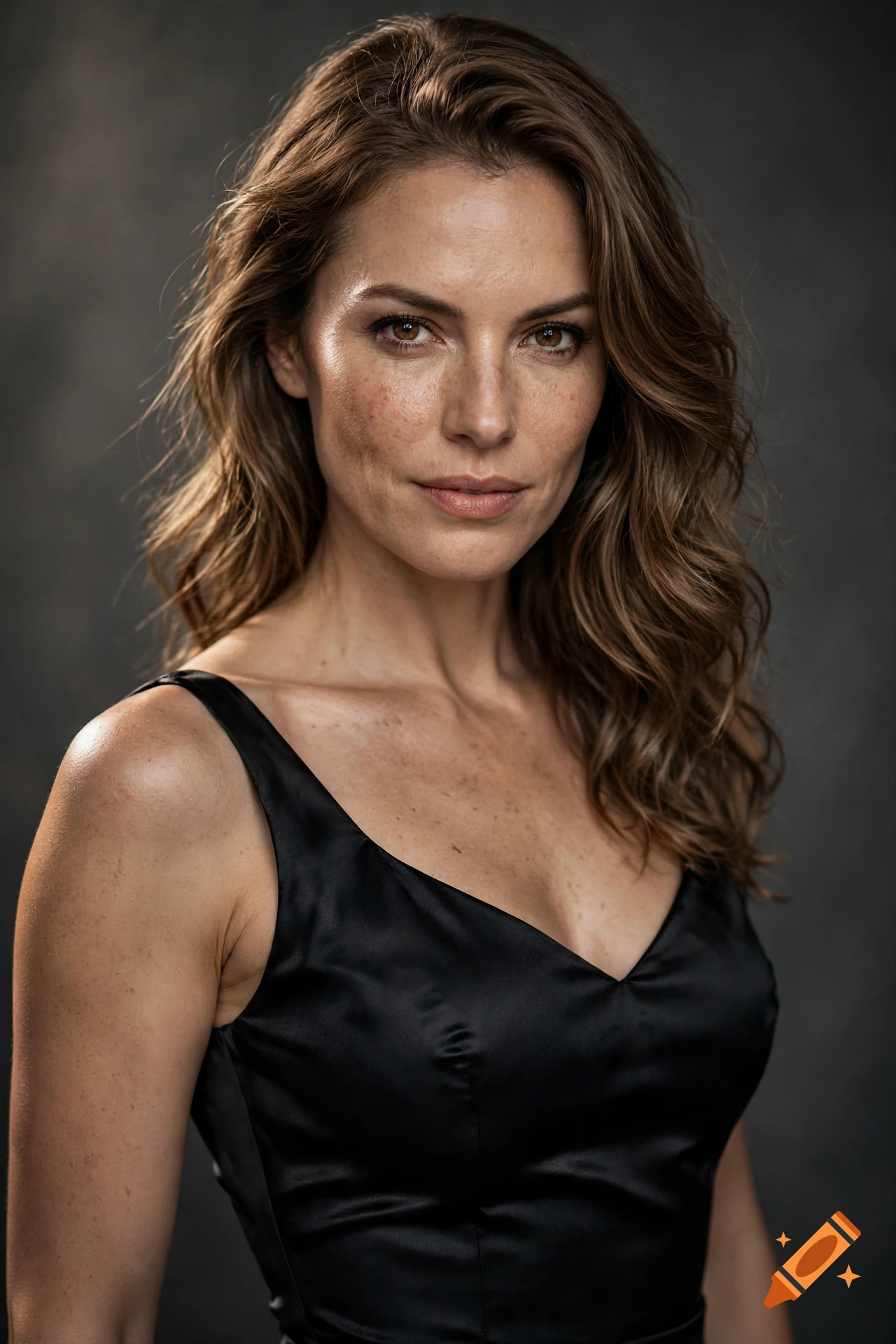 Photorealistic medium shot portrait of a woman with brown wavy hair and freckles wearing a black satin dress against a dark textured background.