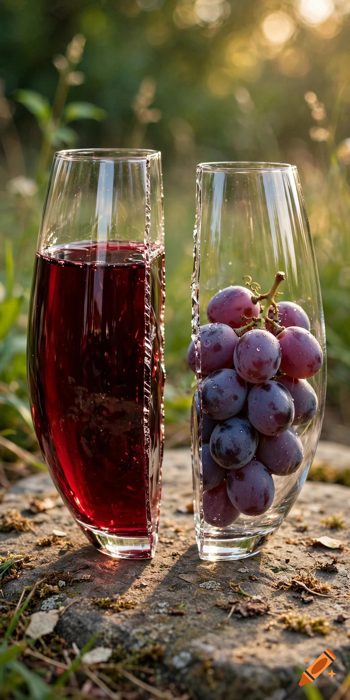 Photorealistic vertical image of two vertically halved wine glasses, one filled with red wine and the other with fresh purple grapes, resting on a stone surface outdoors in nature.