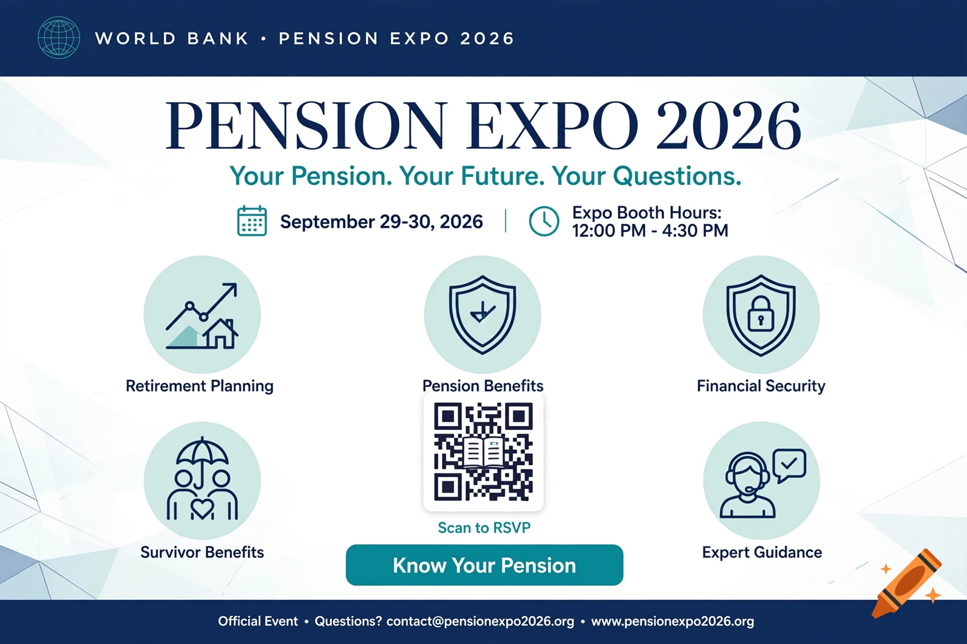 A professional corporate expo flyer for Pension Expo 2026 with icons, QR code, and navy blue and teal branding.