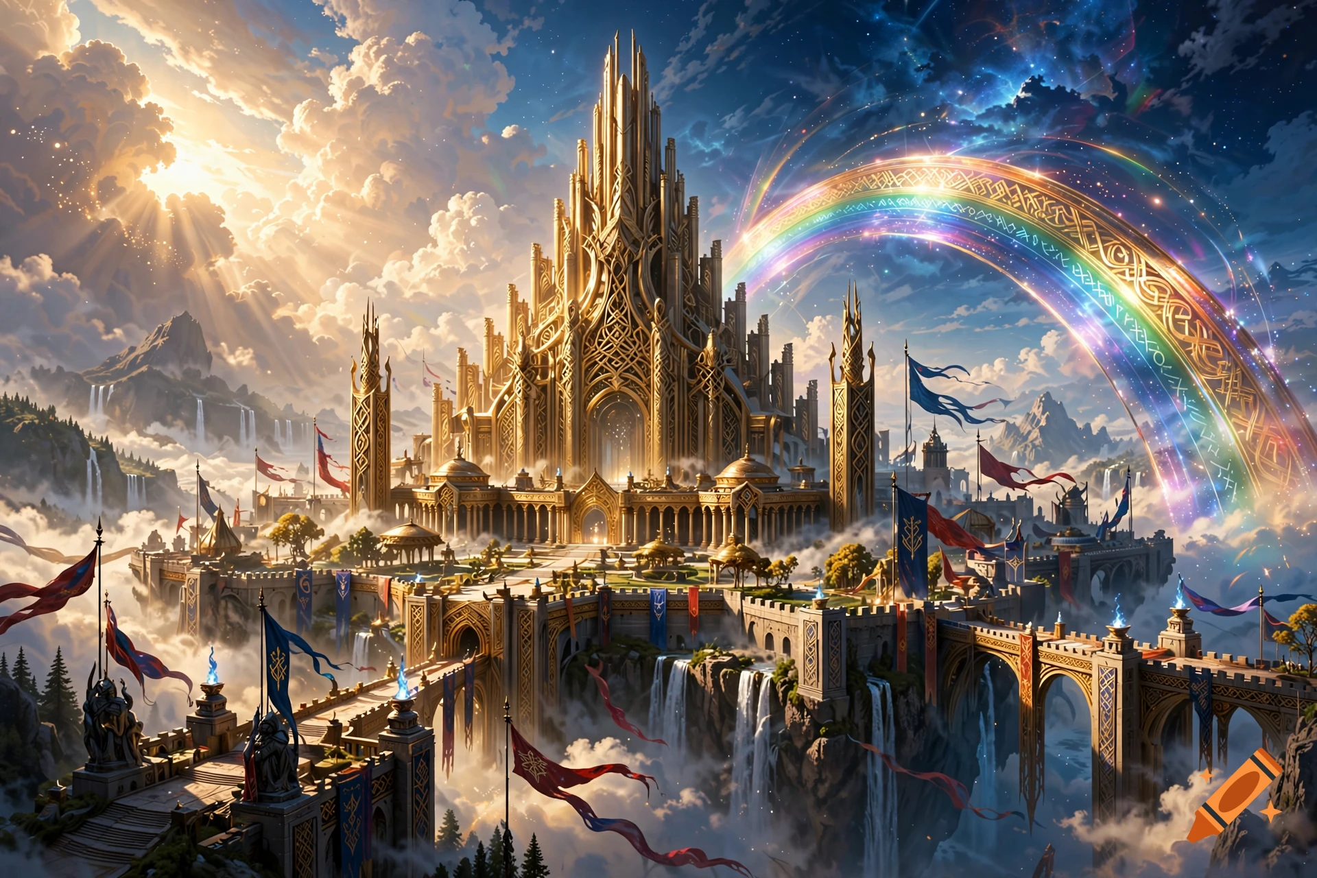 Digital painting of a majestic golden fantasy city with spires, waterfalls, and a glowing rainbow bridge in the sky.