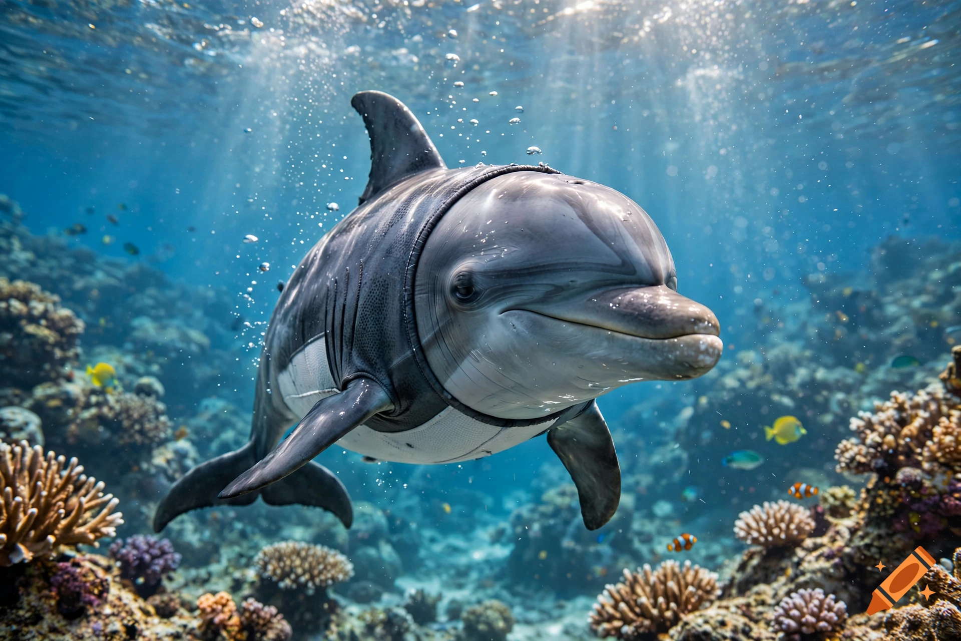 Photorealistic dolphin wearing a shark-like outfit, swimming underwater among coral reefs and colorful fish.
