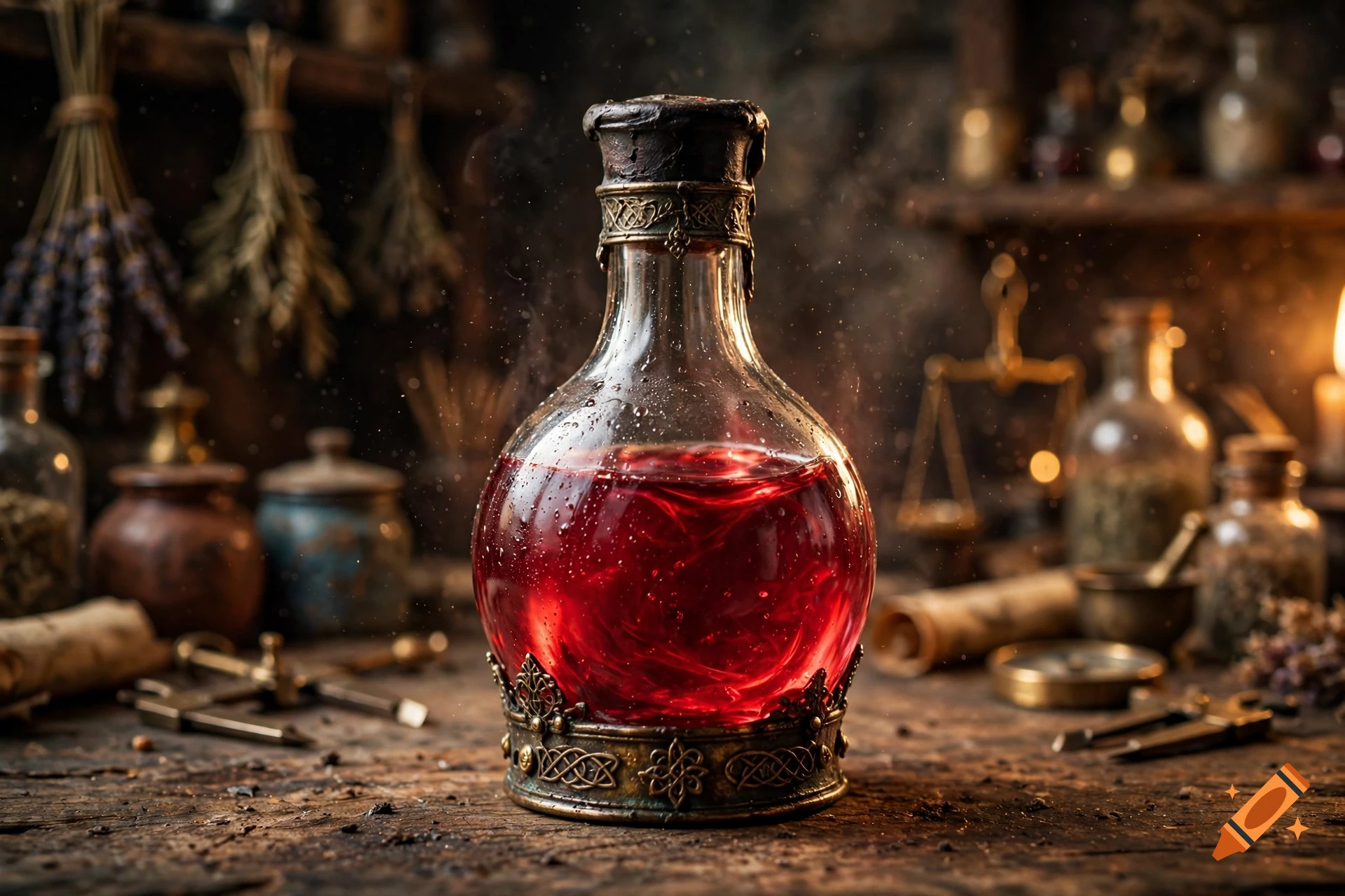 Photorealistic close-up of an ornate glass bottle filled with glowing red potion on a wooden alchemist's table.