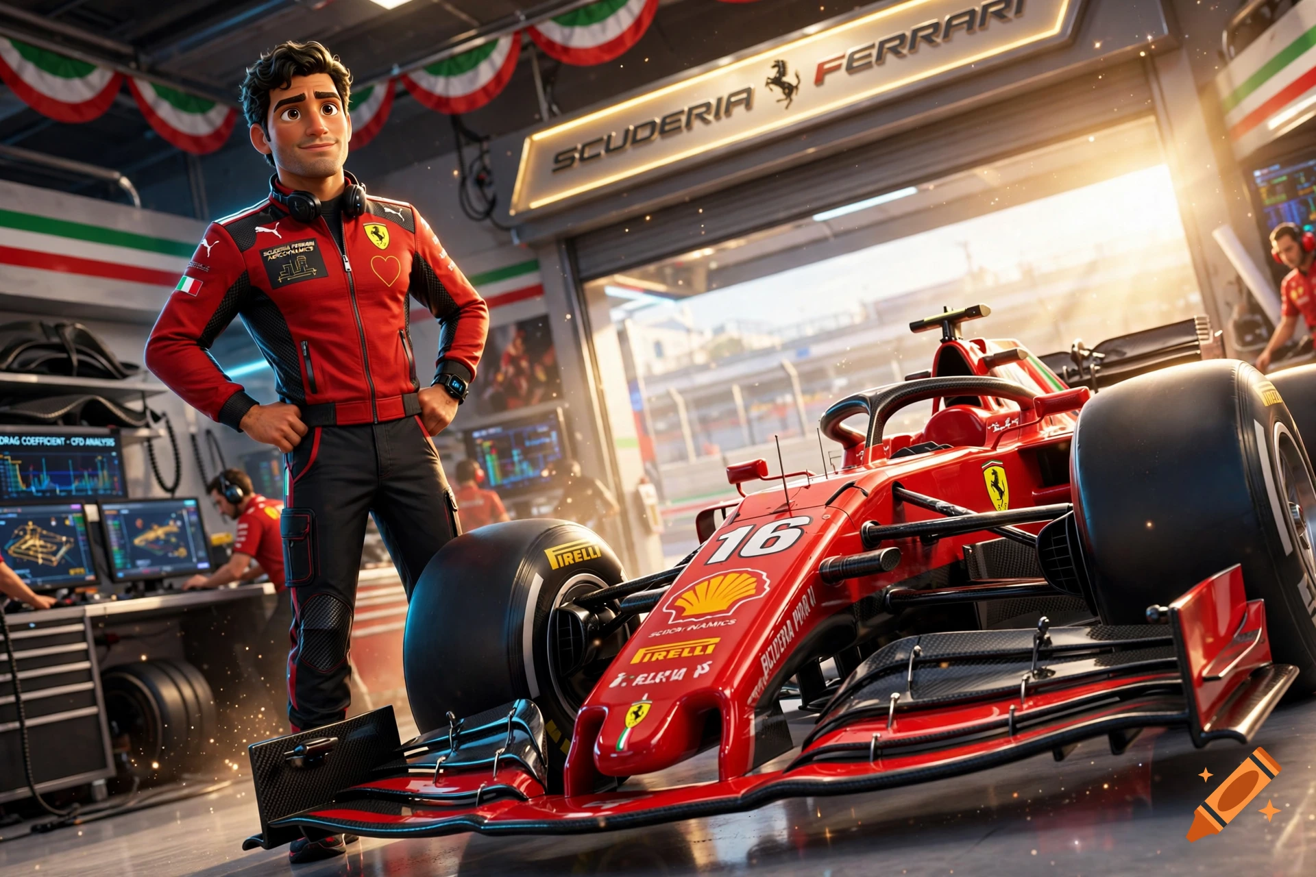 3D animated style character standing beside a red Formula 1 Ferrari racing car in a garage.