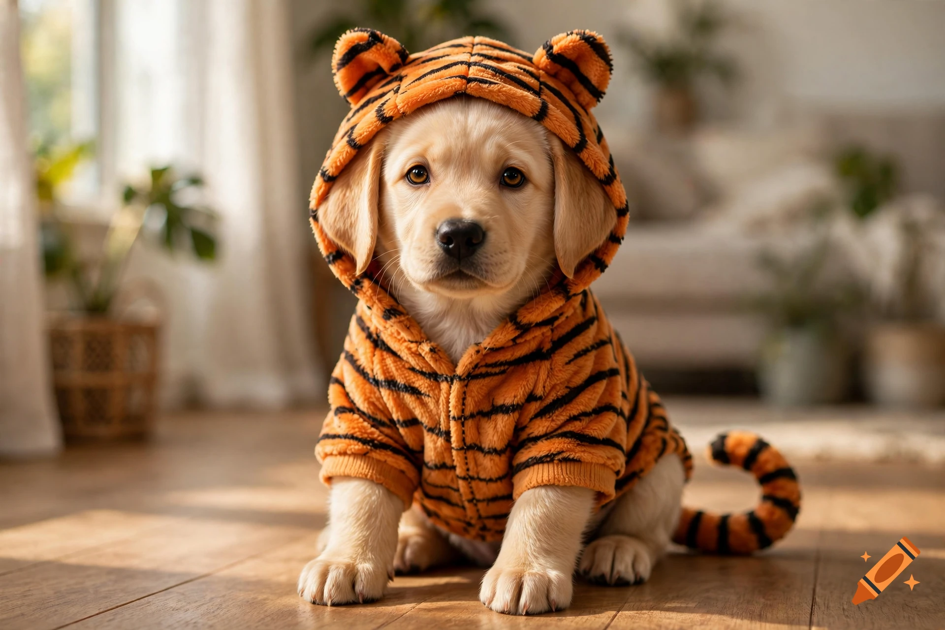 A cute golden retriever puppy wearing a tiger-striped hoodie with ears.