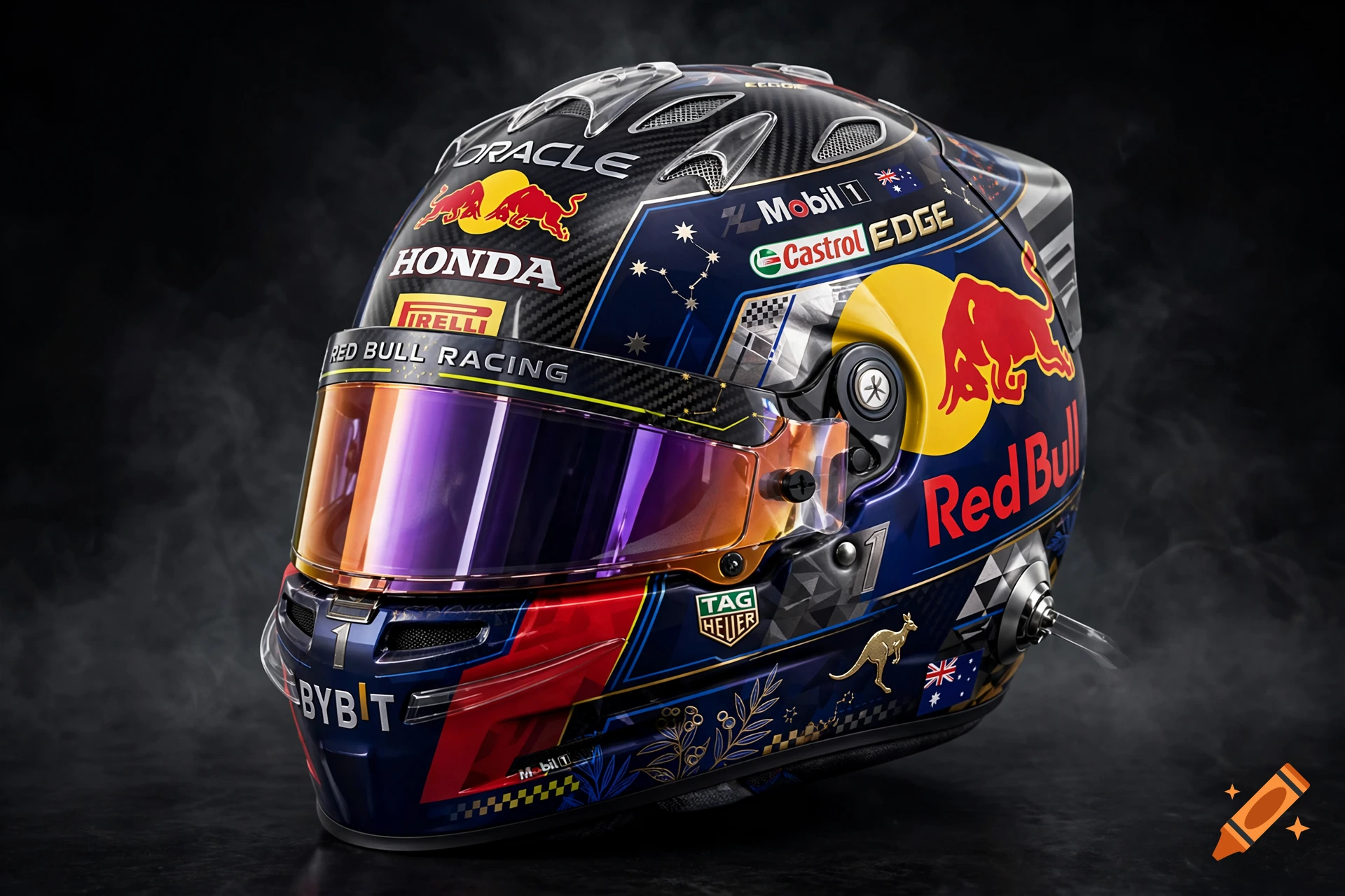 Close-up photorealistic shot of a Red Bull Racing Formula 1 helmet featuring sponsor logos, Australian motifs, and a purple-orange tinted visor.
