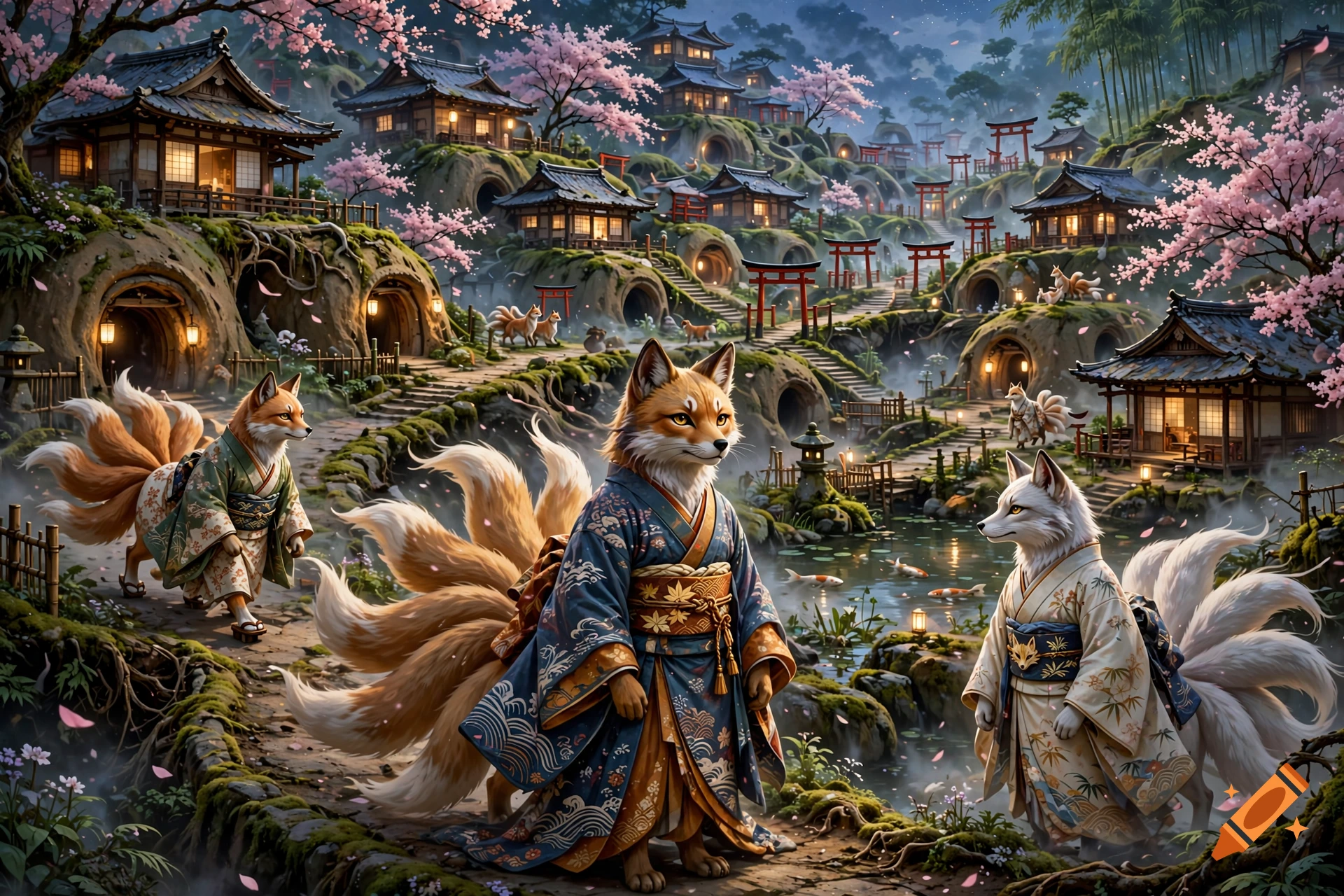 Fantasy village with burrows in Japanese architecture, inhabited by anthropomorphic kitsune in kimonos, digital art style.
