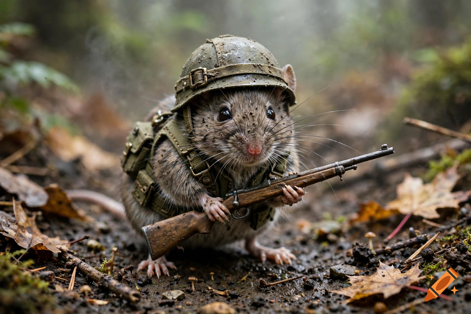 Photorealistic image of a small rat wearing a tiny military helmet and backpack, holding a rifle in a muddy forest.