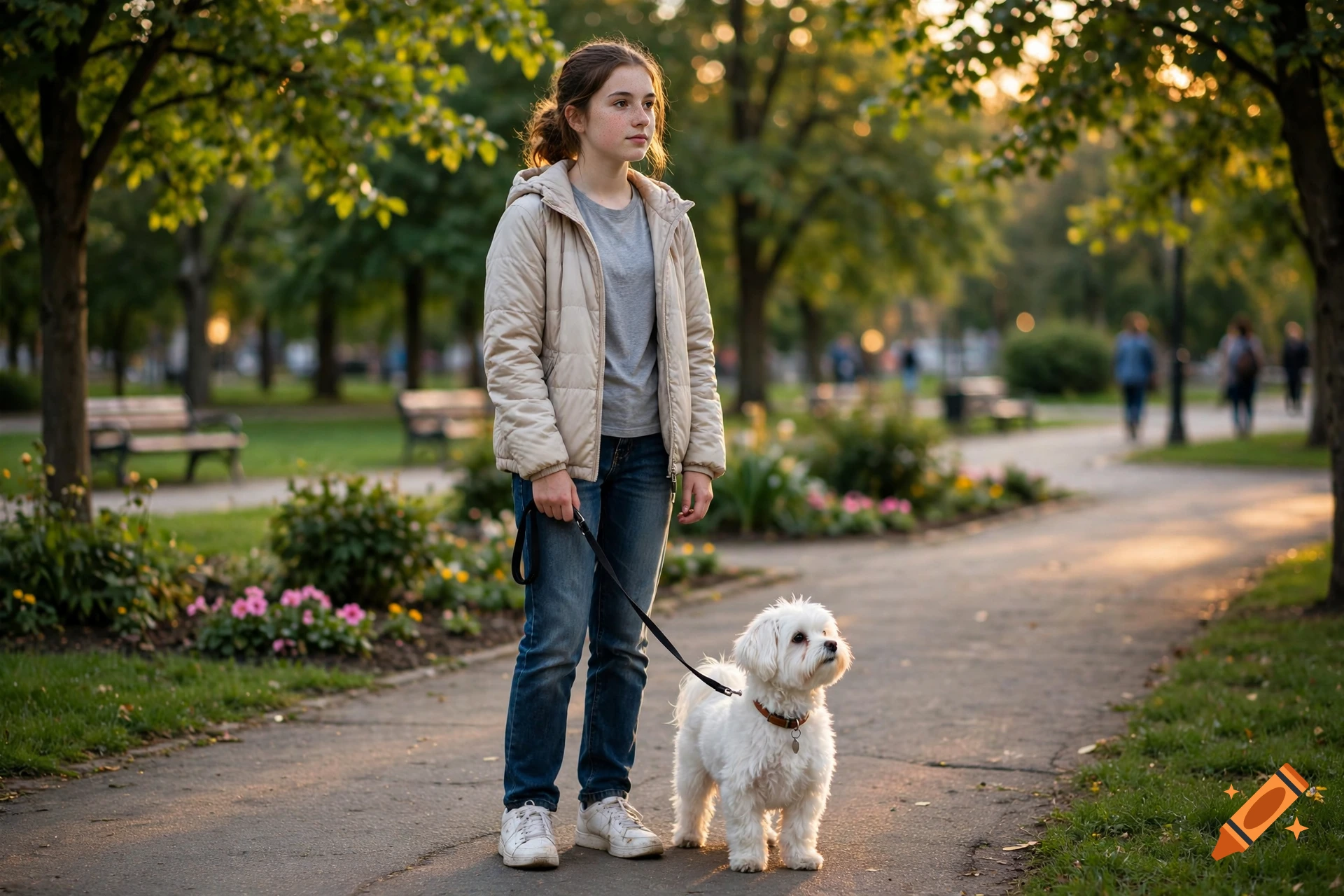 A young girl standing on a paved park path at dusk, holding the leash of a small white dog.