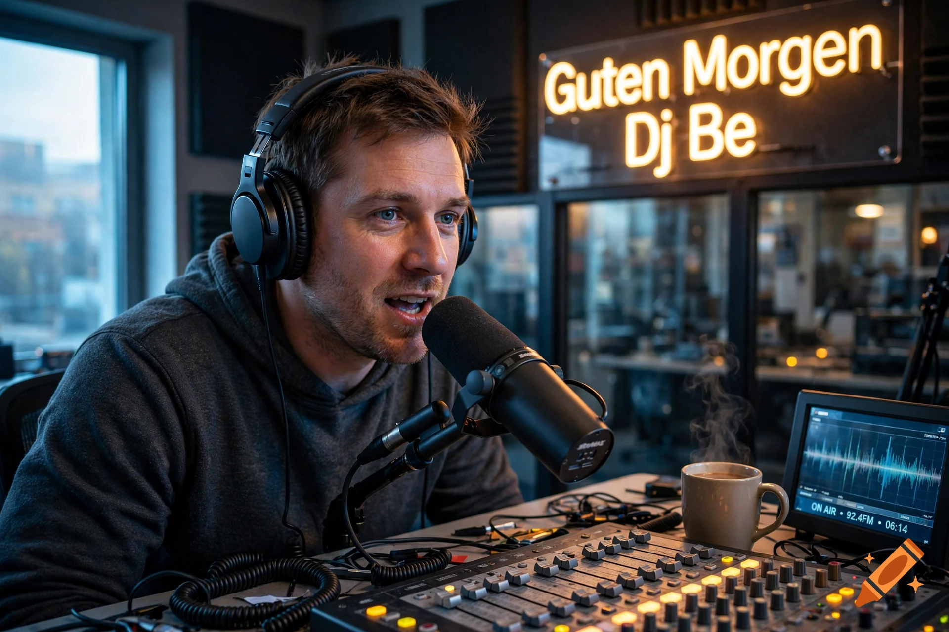 A man wearing headphones speaking into a microphone in a radio studio.