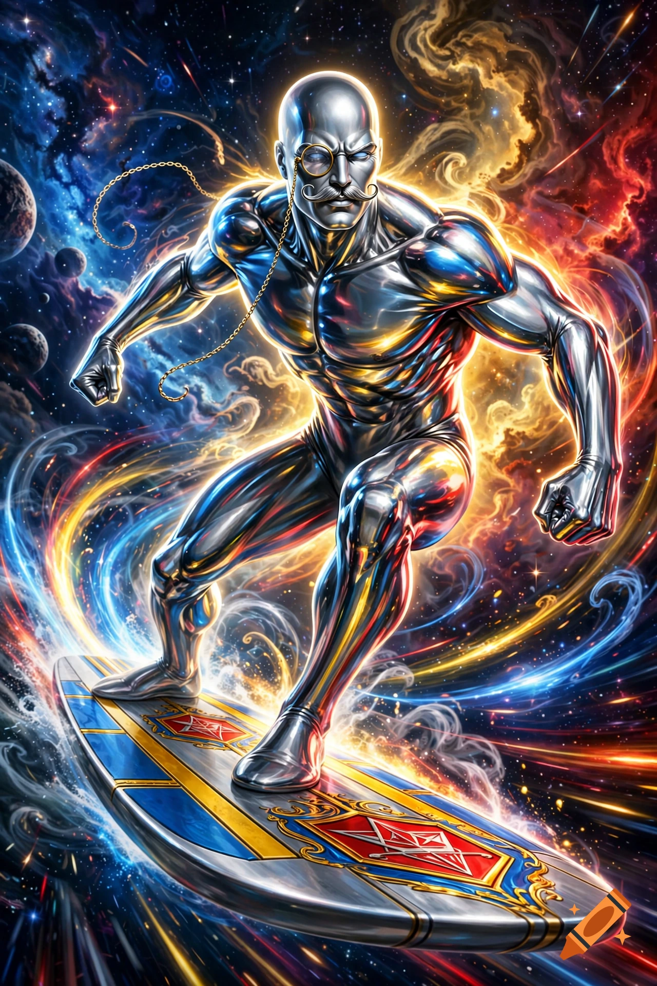 Digital illustration of a metallic Silver Surfer character with a monocle and mustache, riding a surfboard through a colorful space nebula.