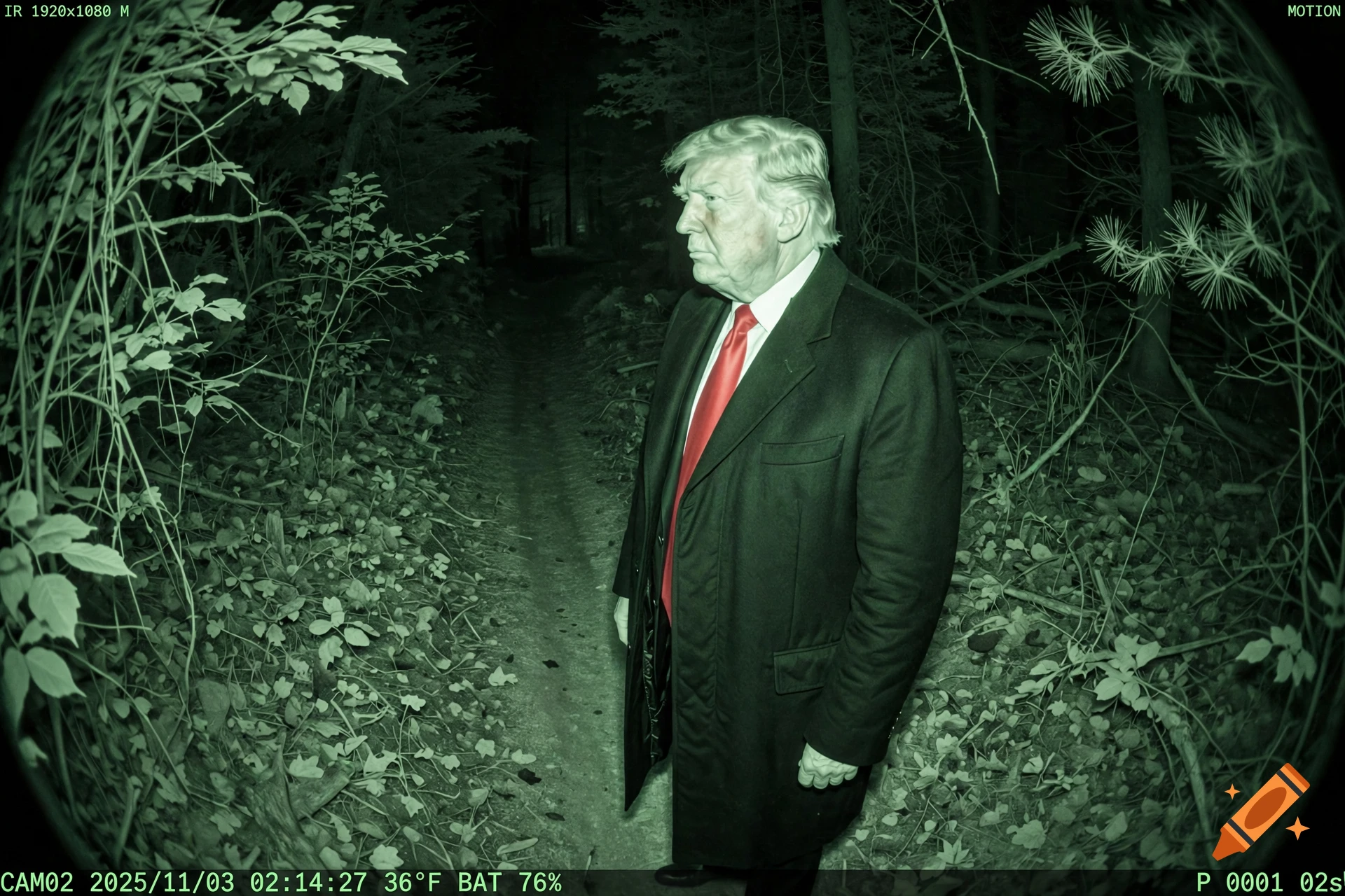 A trail camera view at night in a dark forest showing Donald Trump in a suit and red tie.