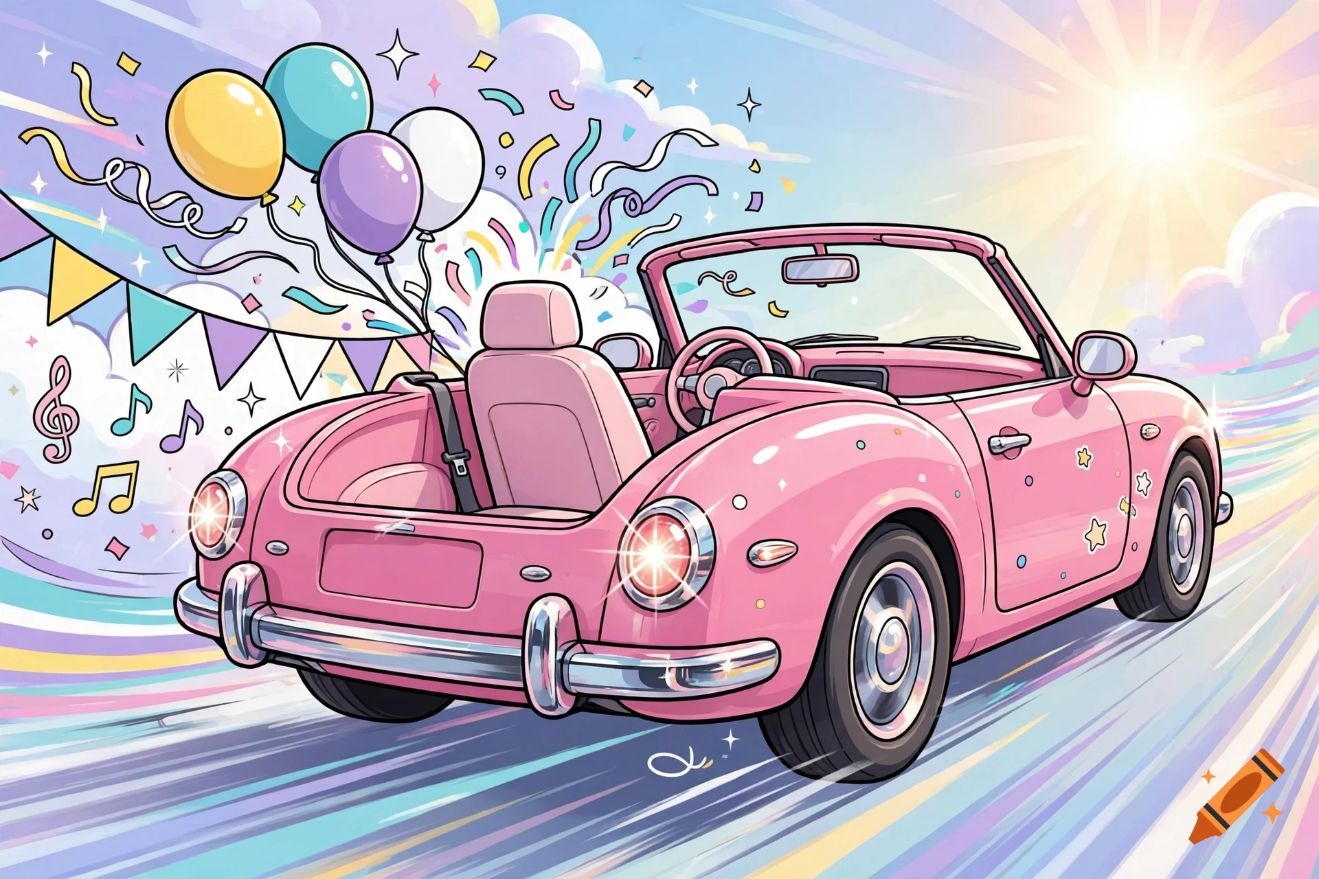 Colorful anime-style illustration of a pink convertible car driving away with party balloons and confetti.
