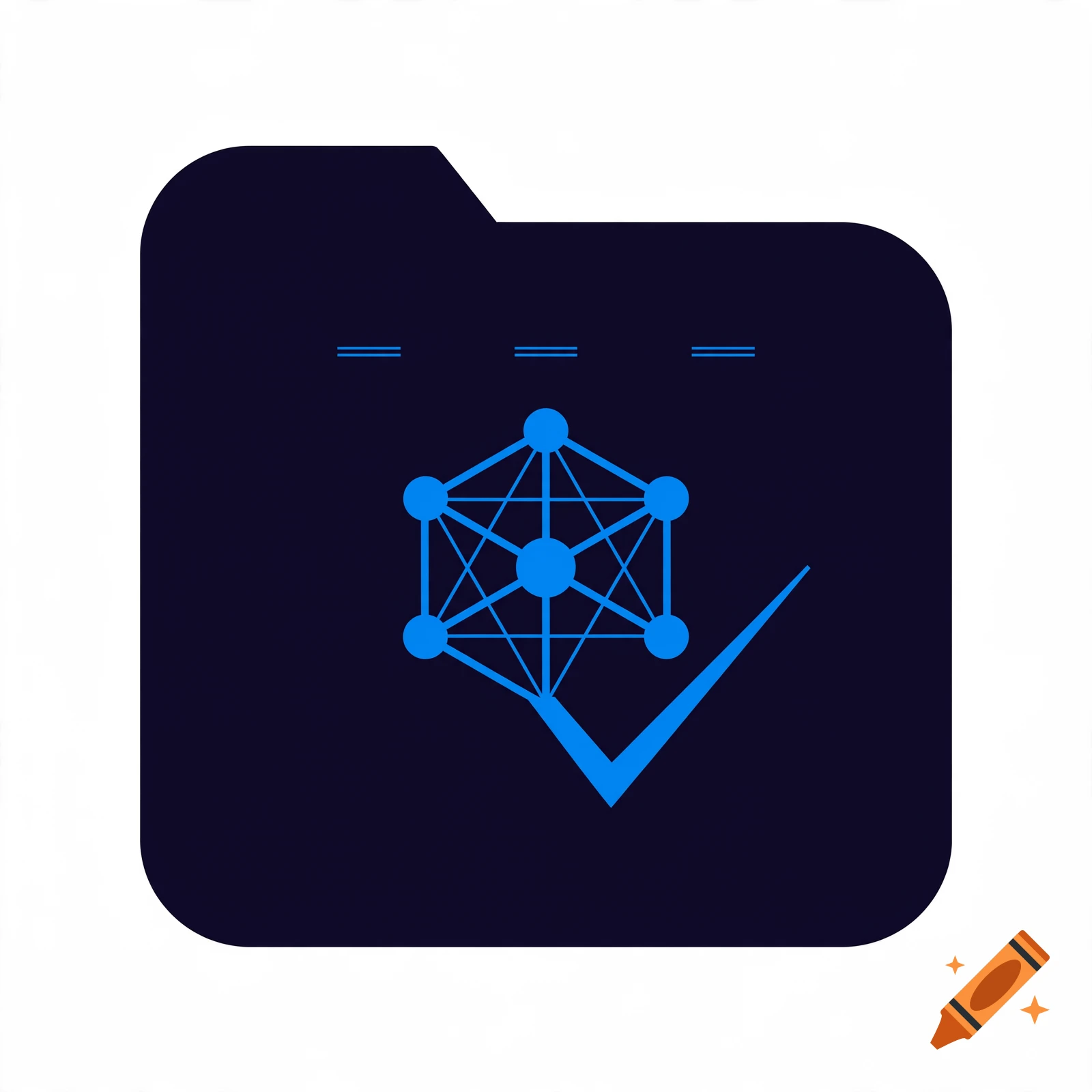 minimalist dark app icon featuring a blue neural node and checkmark inside a folder silhouette