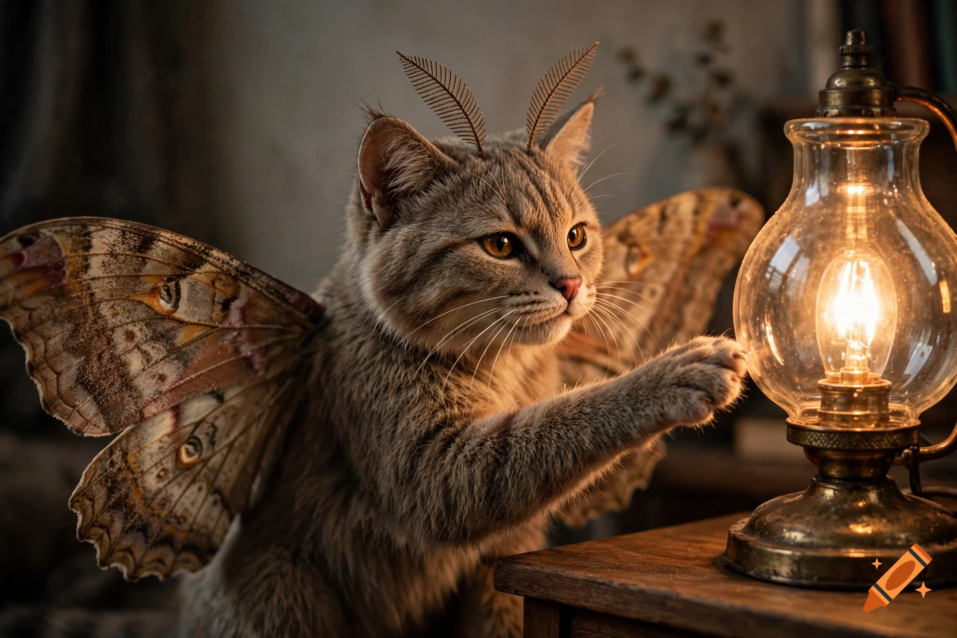 Photorealistic image of a cat with moth wings and antennae, reaching its paw toward a glowing oil lamp on a wooden table.