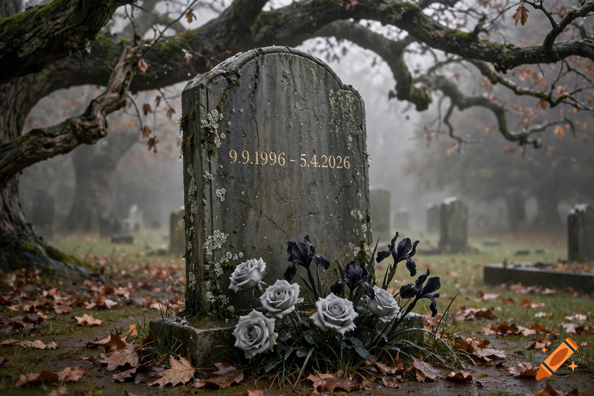 Photorealistic image of a weathered gravestone with dates 9.9.1996 - 5.4.2026, surrounded by grey roses and black irises in a foggy autumn cemetery.
