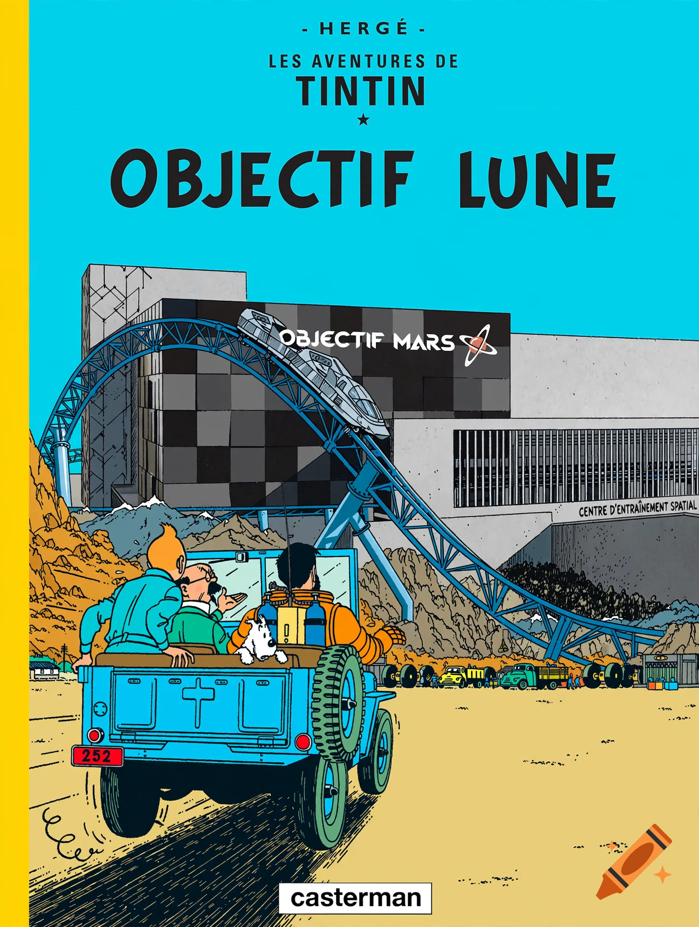 Tintin style comic book cover illustration showing characters in a car looking at a space center with a roller coaster.