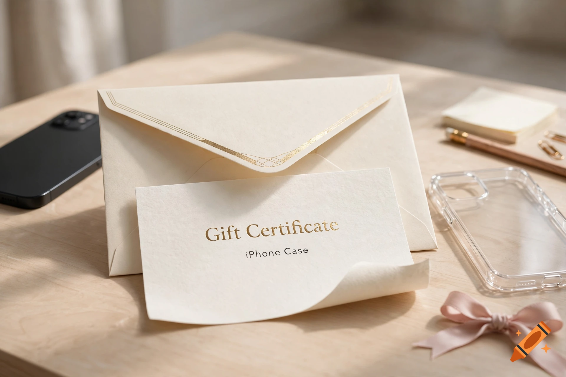 A close-up photograph of a cream-colored gift certificate for an iPhone case resting in front of an envelope on a wooden table.