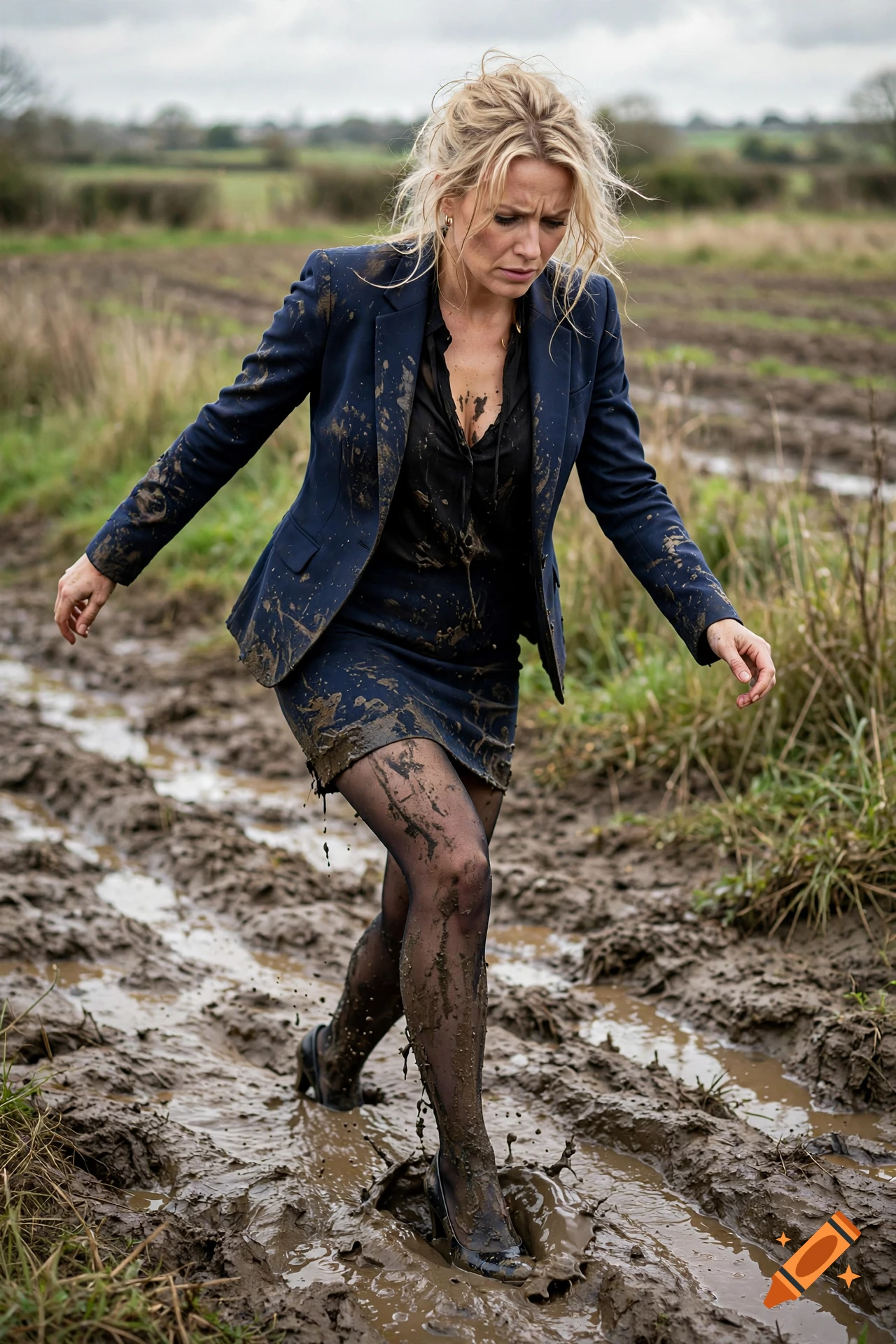 A woman in a muddy business suit walks cautiously through a muddy field.
