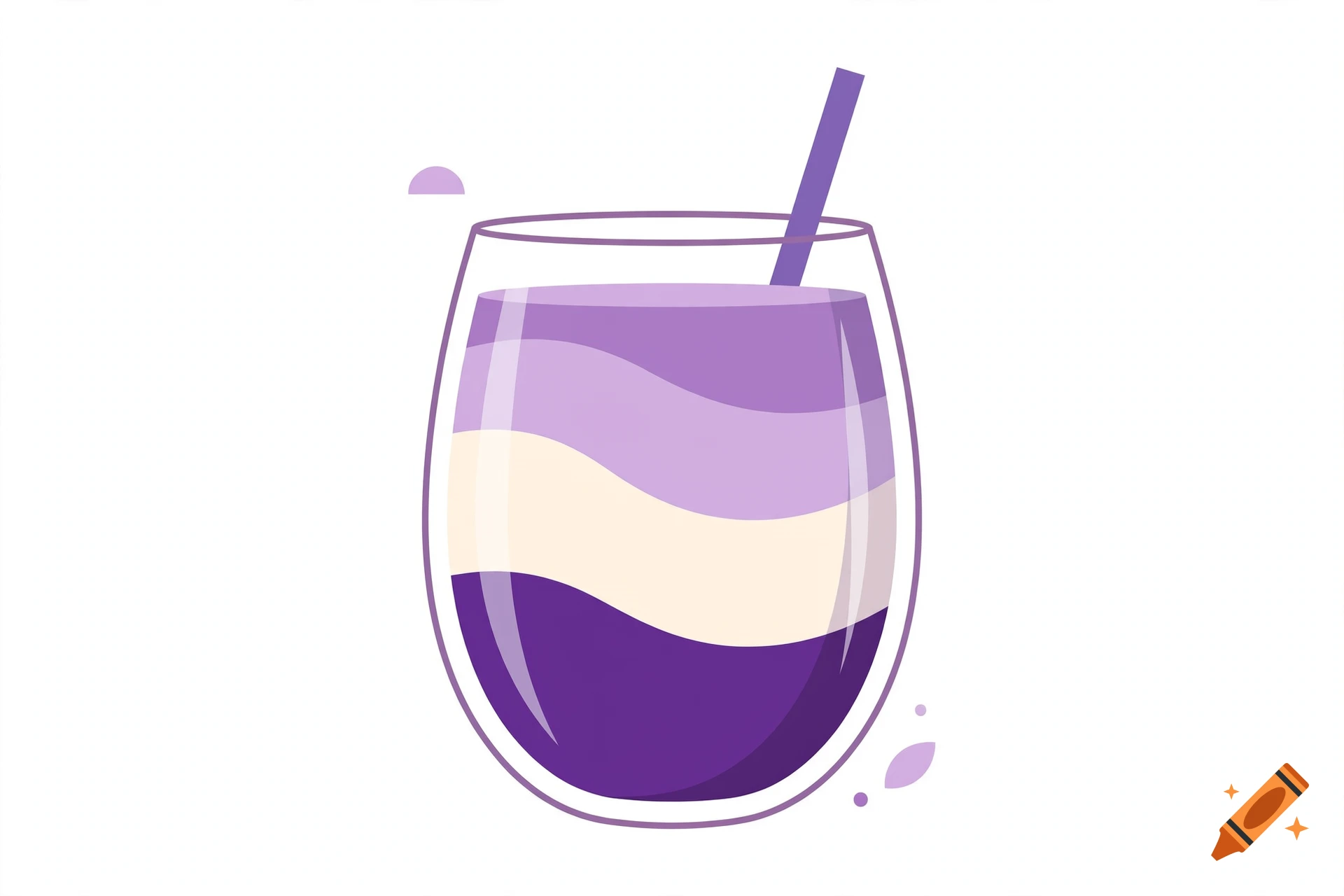 Vector graphic of an ube latte in a glass with layers of purple, cream, and dark purple, and a purple straw on a white background