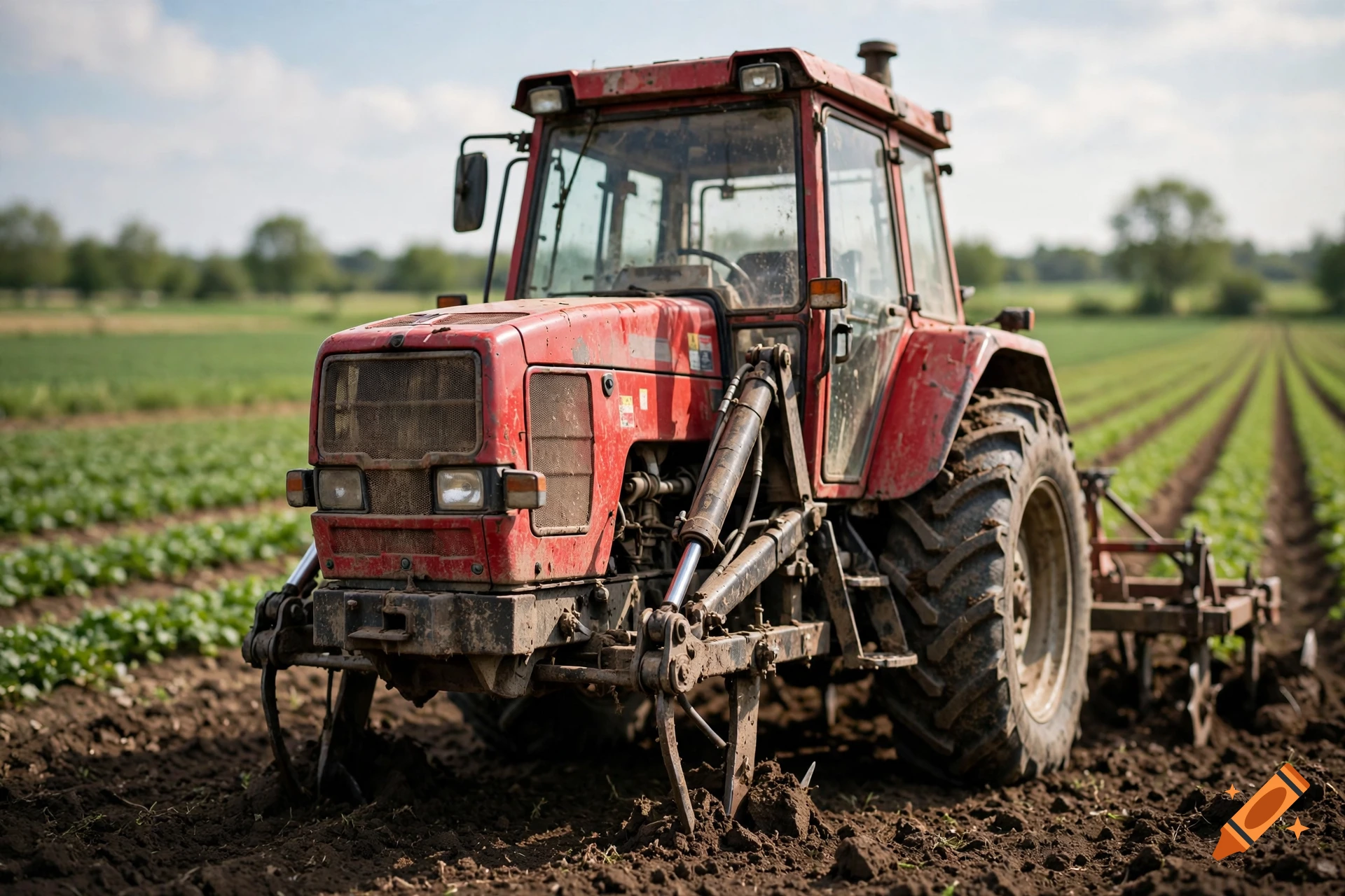 A close-up photorealistic shot of a red tractor working in a plowed field with rows of green crops.