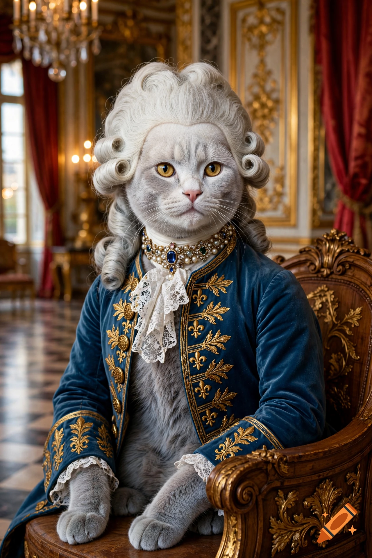 Photorealistic portrait of a fluffy gray cat dressed as Louis XVI with a powdered wig, elaborate ruff, and blue velvet coat in an ornate palace room.