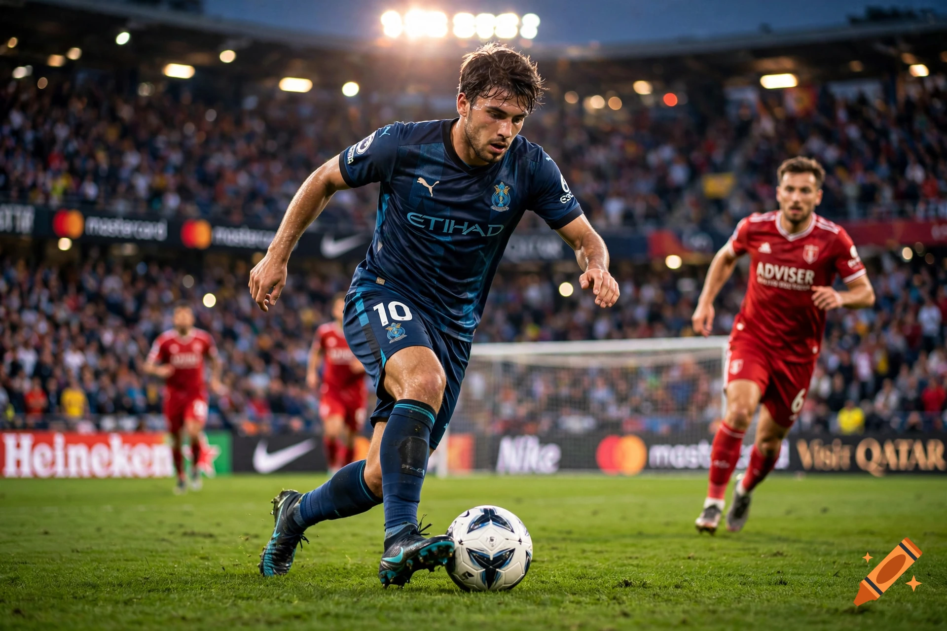 Photorealistic action shot of a soccer player in a blue jersey dribbling the ball on a grass field during a night match.