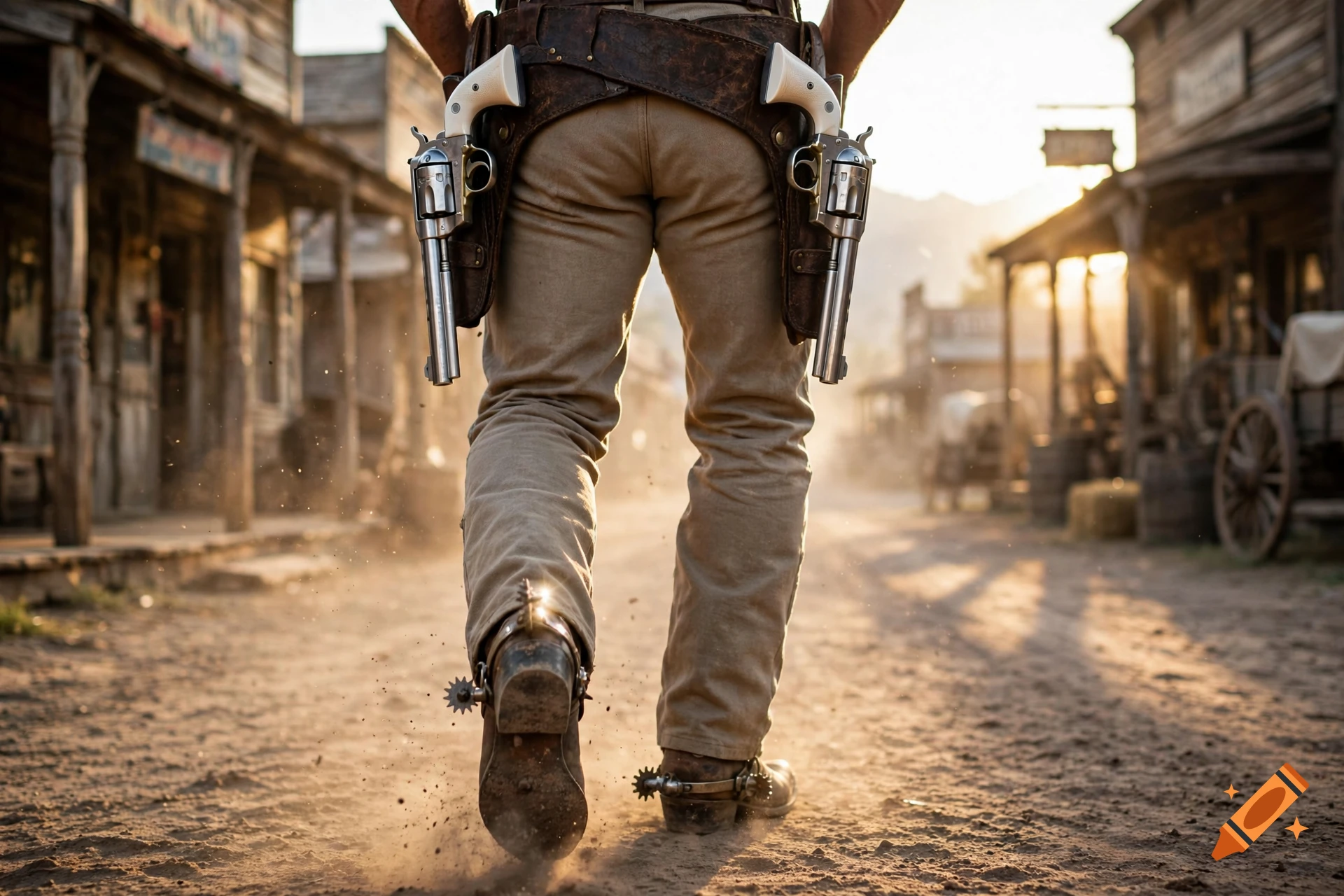 Low-angle cinematic shot from behind of a cowboy walking down a dusty western town street, featuring double holsters with silver revolvers.