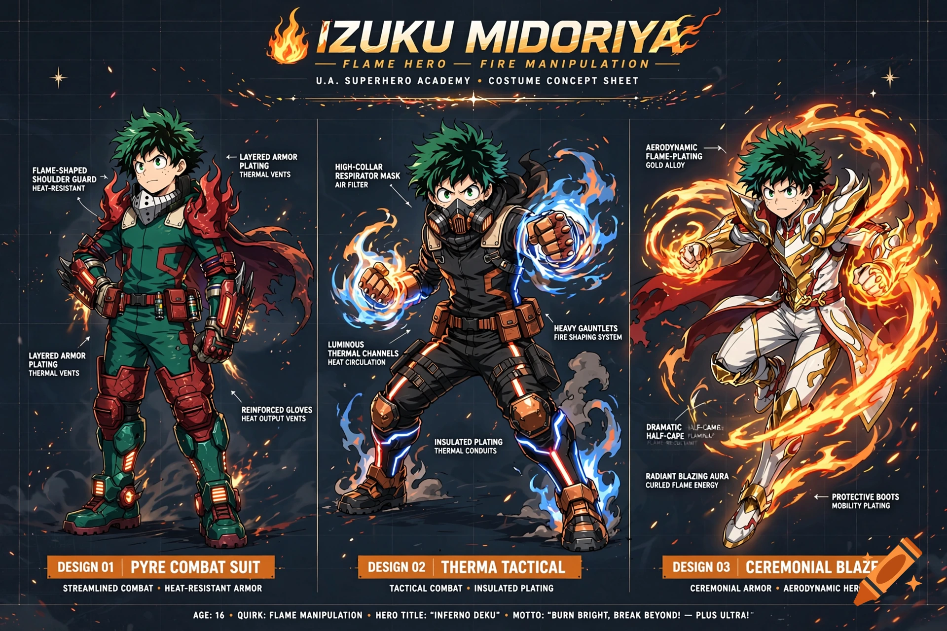 Concept art sheet of Izuku Midoriya from My Hero Academia with three fire manipulation costume designs in anime style.