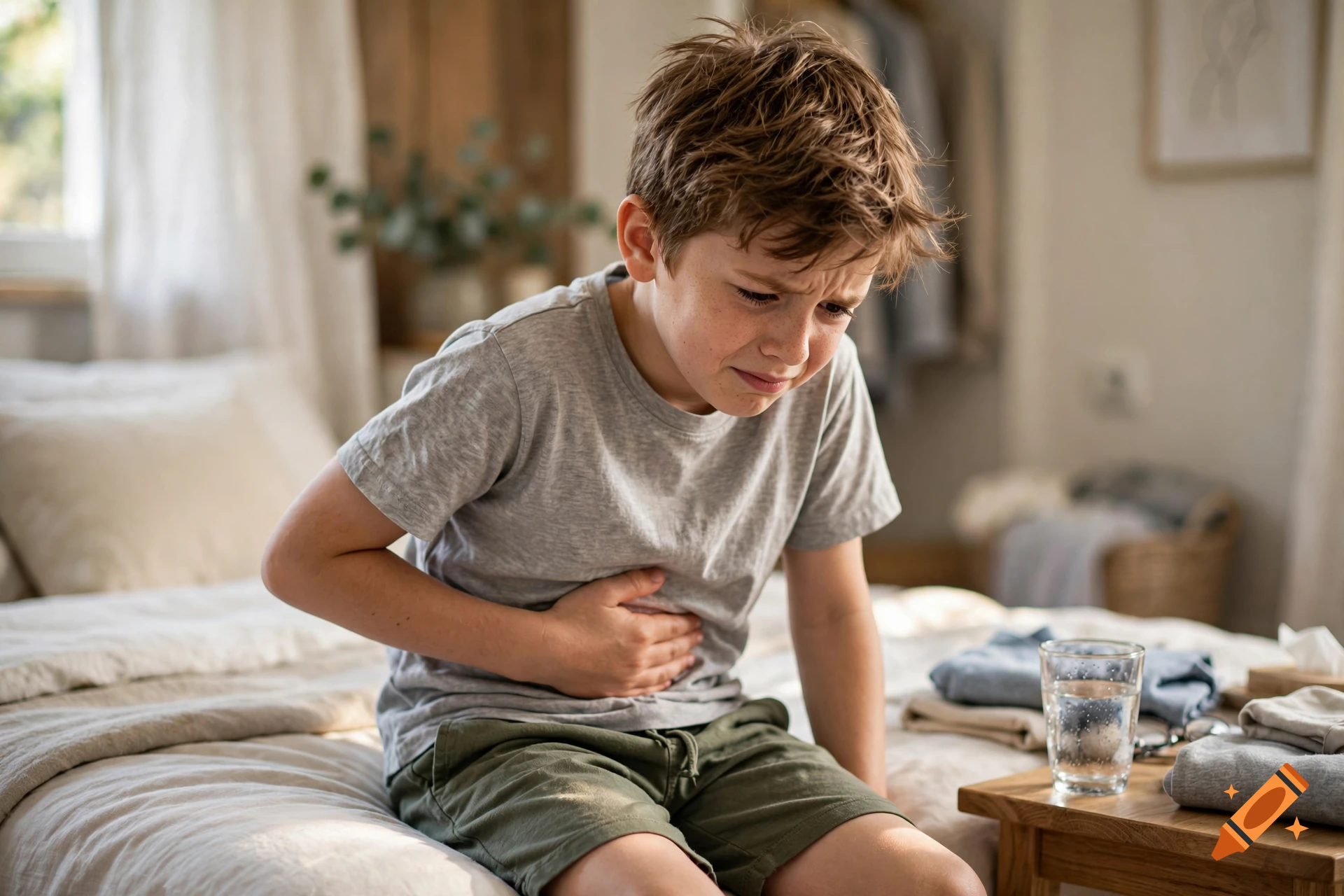 Photorealistic image of a young boy sitting on a bed, holding his stomach in pain.