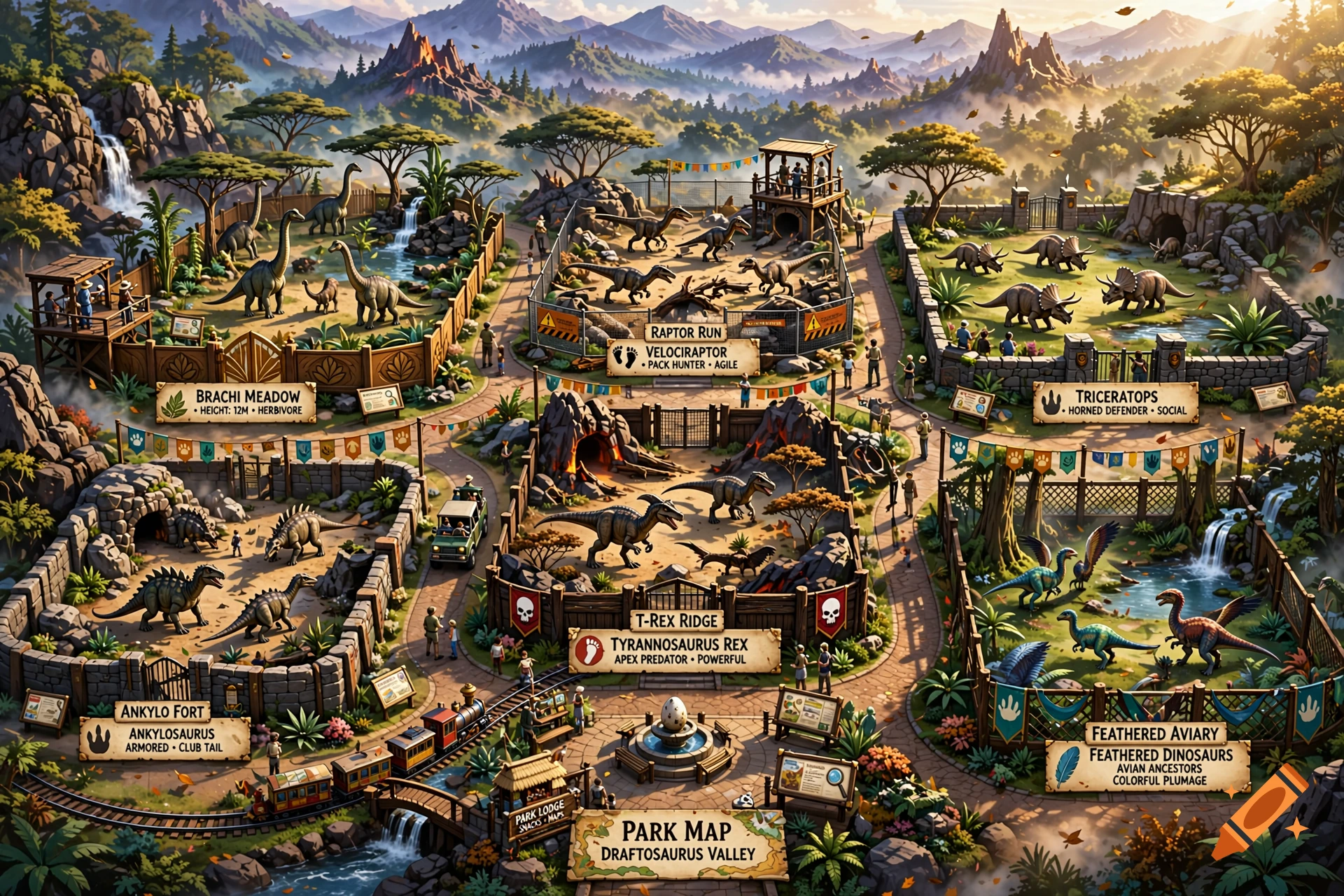 Detailed illustrated overhead view of a dinosaur theme park with multiple enclosures, various dinosaurs, and a central park map.