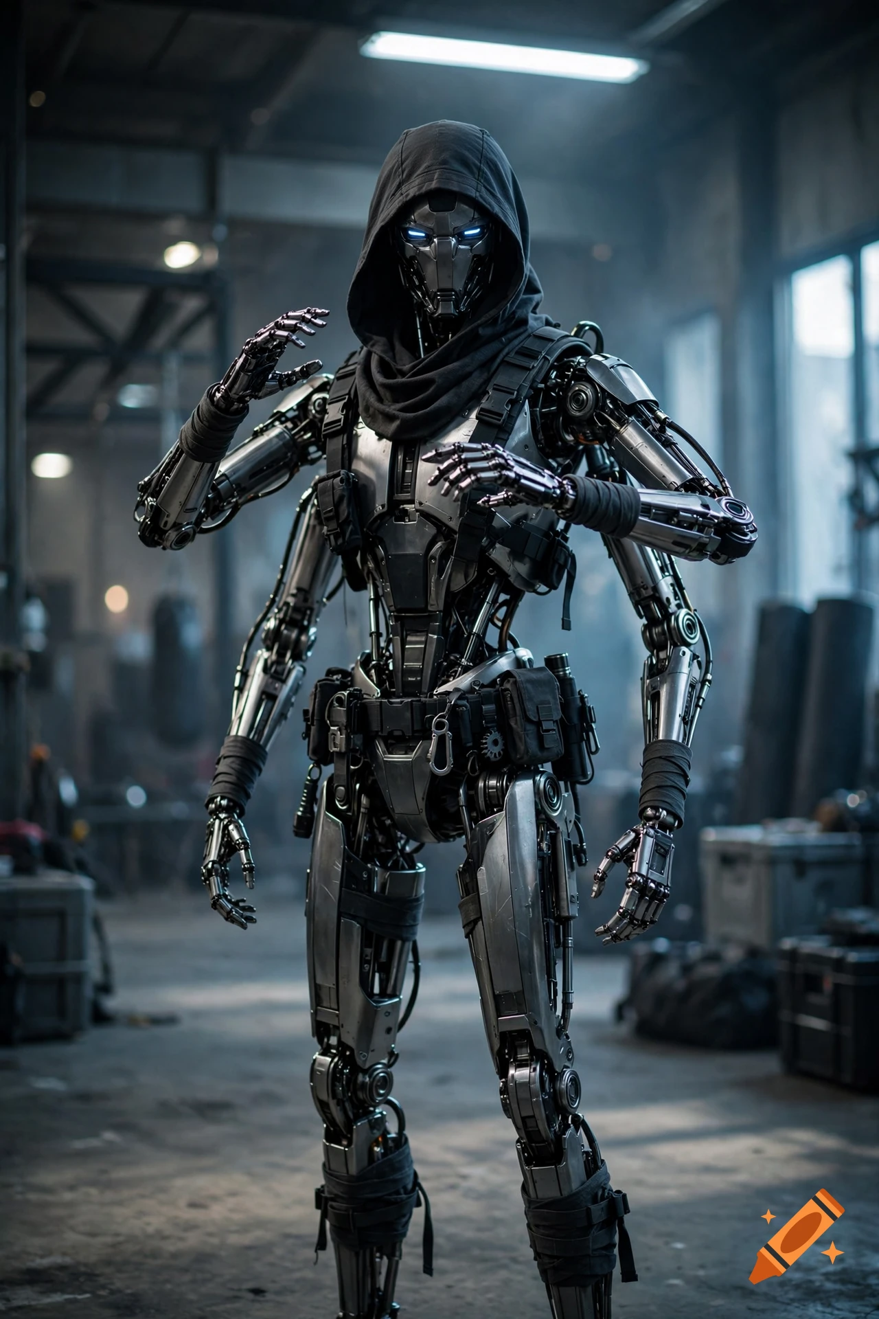 A photorealistic slender robotic figure with four arms, glowing blue eyes, and a dark hood, standing in an industrial warehouse.