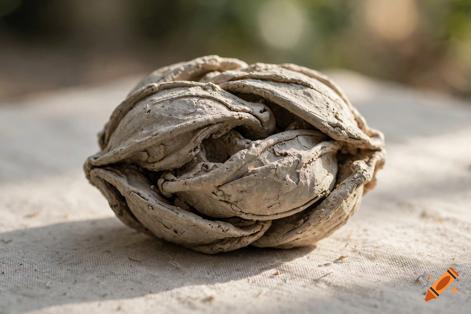 Close-up photorealistic shot of an organic-looking clay sculpture resting on a textured fabric surface.