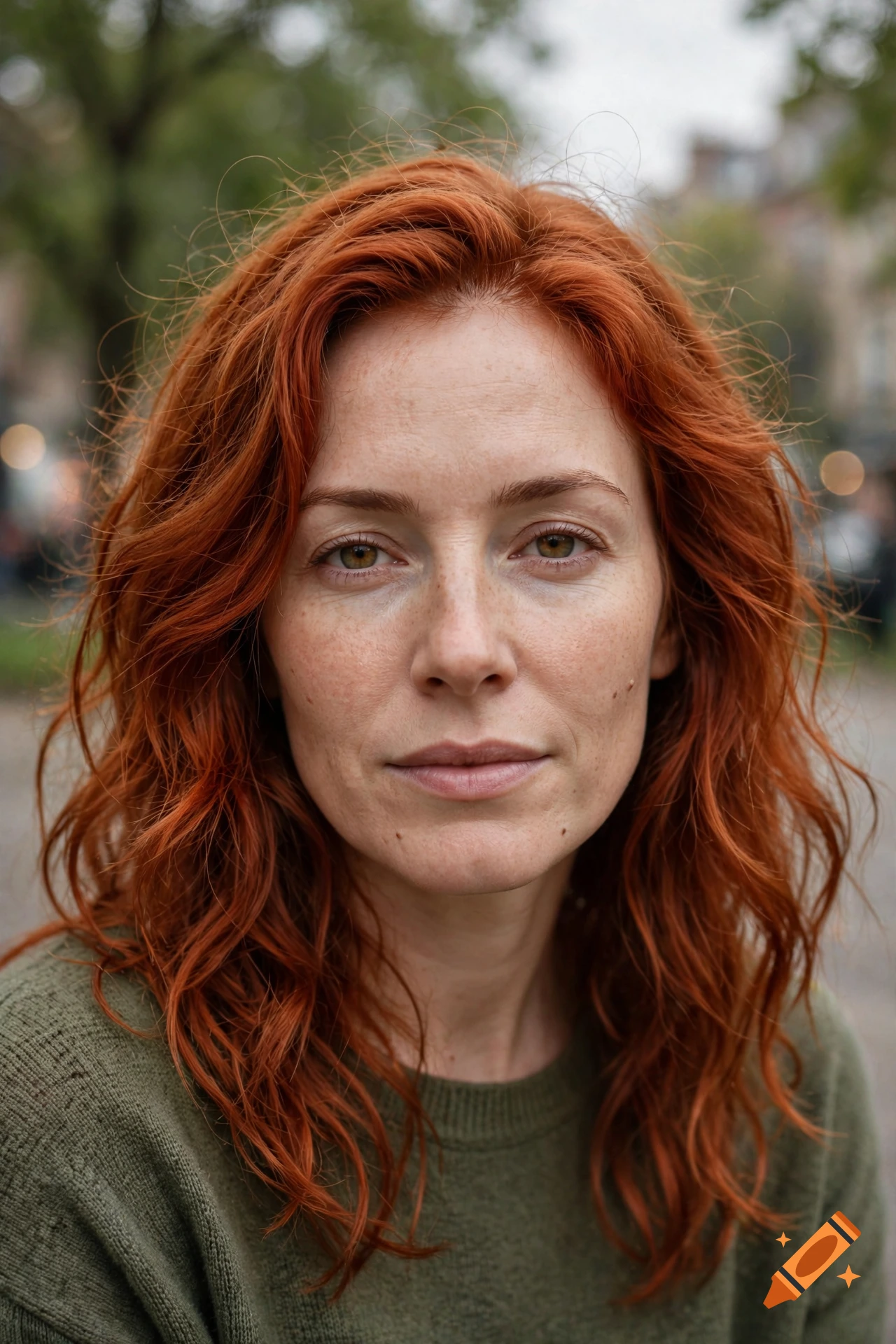 Close-up portrait of a woman with vibrant red hair and freckles, wearing a green sweater outdoors.