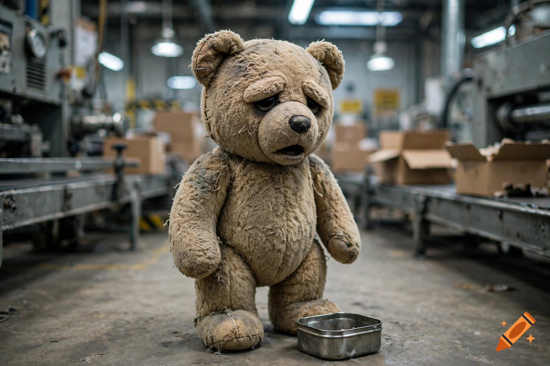A sad, dirty teddy bear stands in a gritty industrial factory with a small metal bowl at its feet.