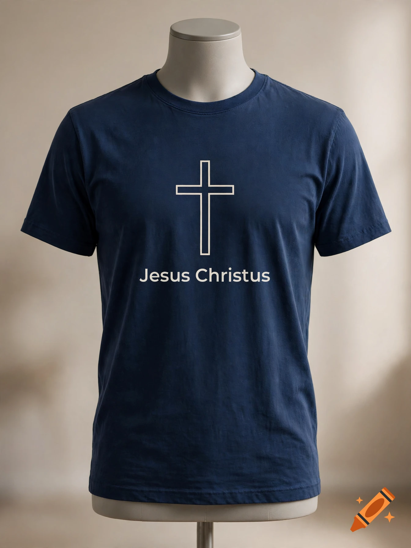 A dark blue t-shirt on a mannequin displaying a white cross and the text 'Jesus Christus'.