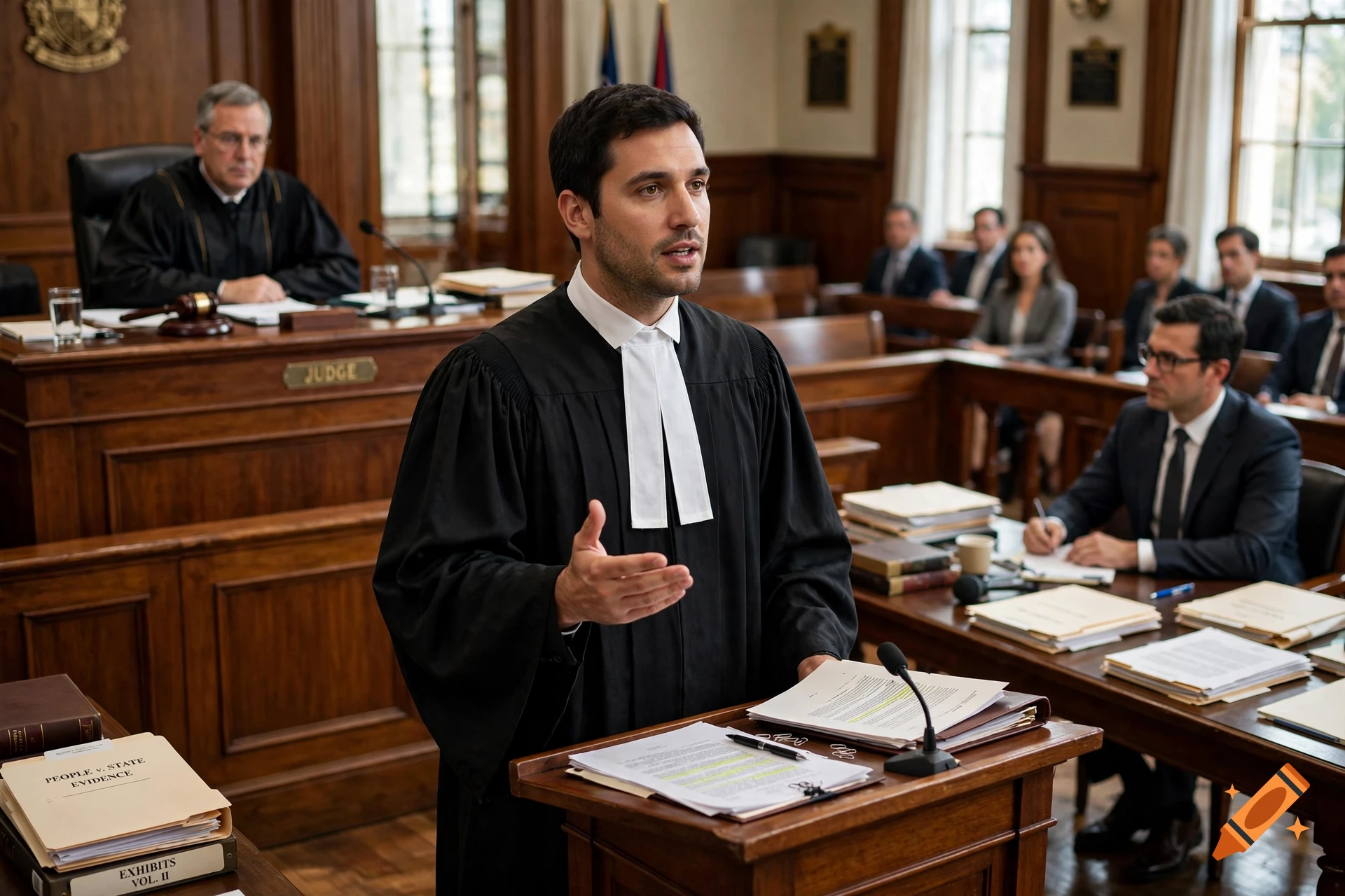 Photorealistic courtroom scene featuring a lawyer in a black robe and white tabs speaking at a podium.