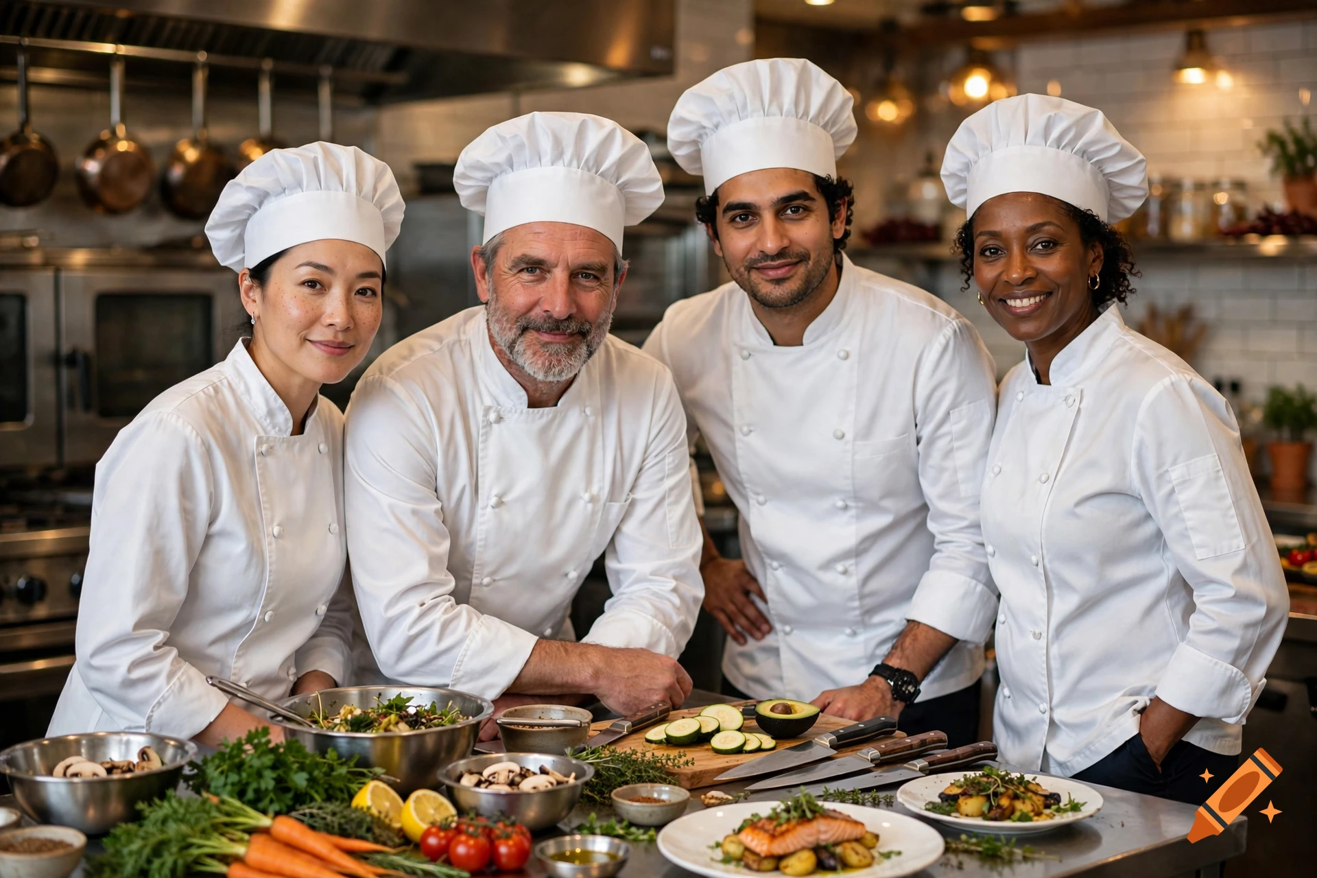 Four diverse chefs in white uniforms smiling in a professional kitchen with food preparation counter.