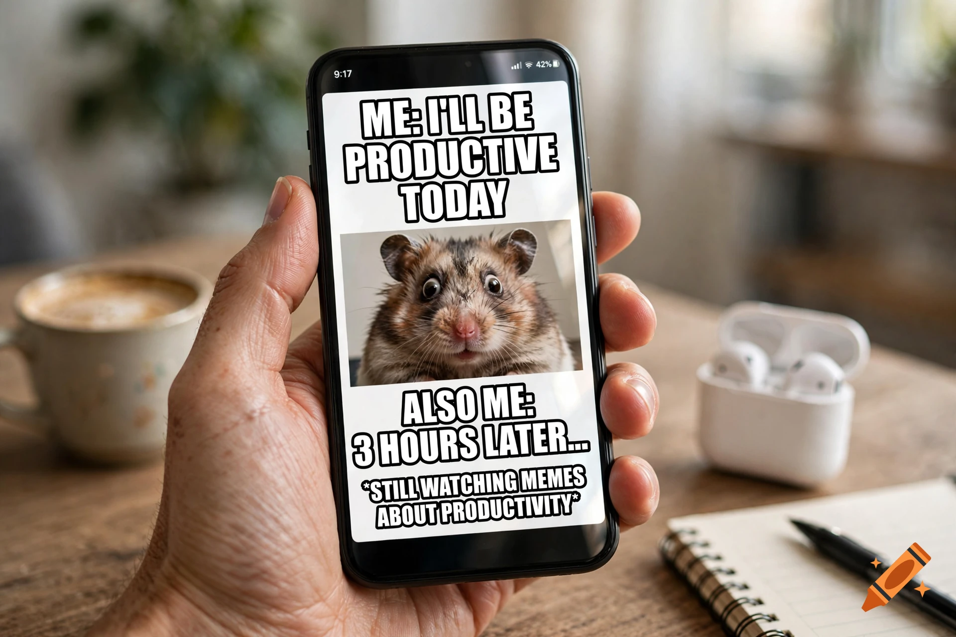 A hand holding a smartphone displaying a humorous productivity meme with a surprised hamster.
